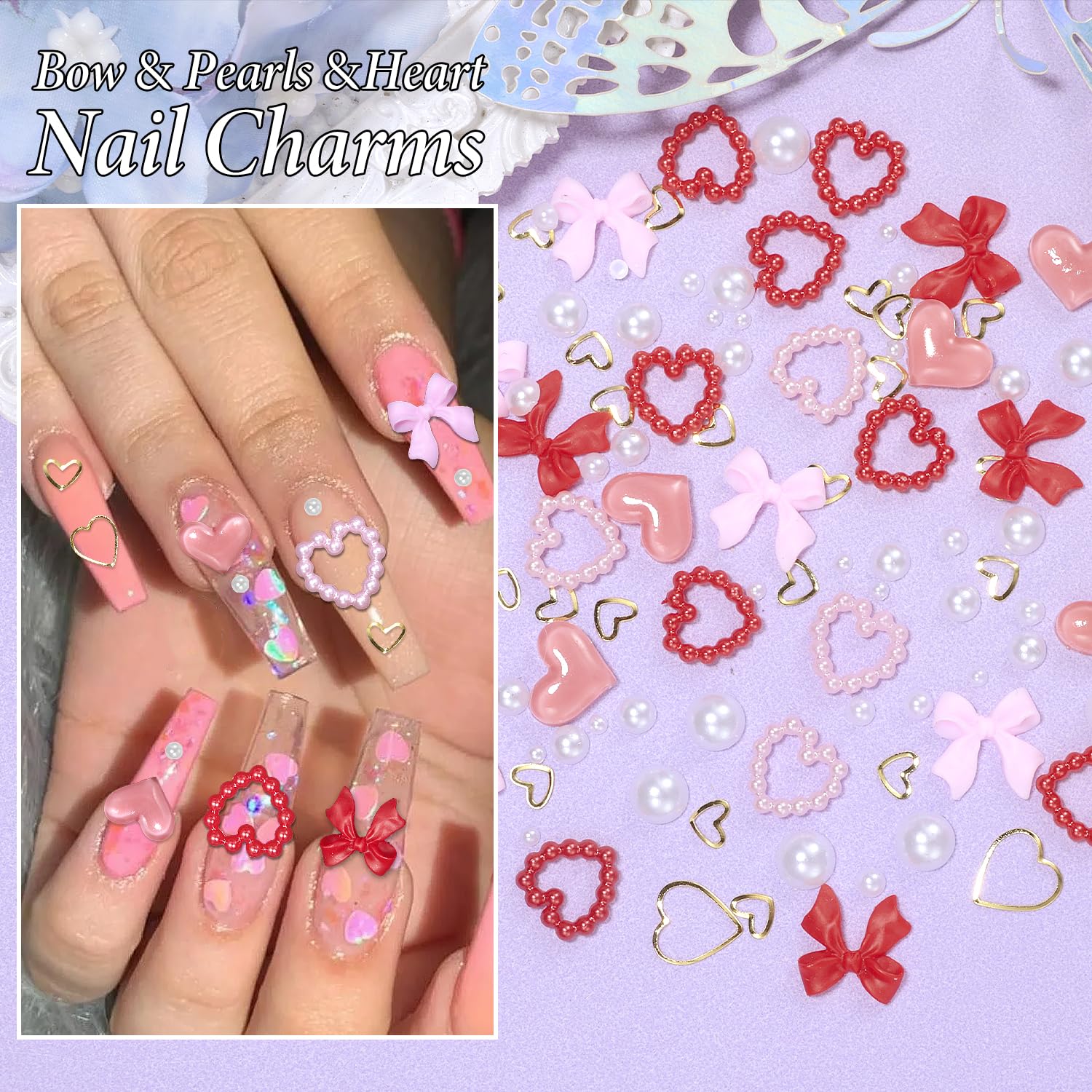 220 Pcs Valentines Heart Nail Charms, Heart Nail Rhinestone And Charms, Pink Red Heart Bows Nail Charm, Y2K Nail Charms Gems, Na