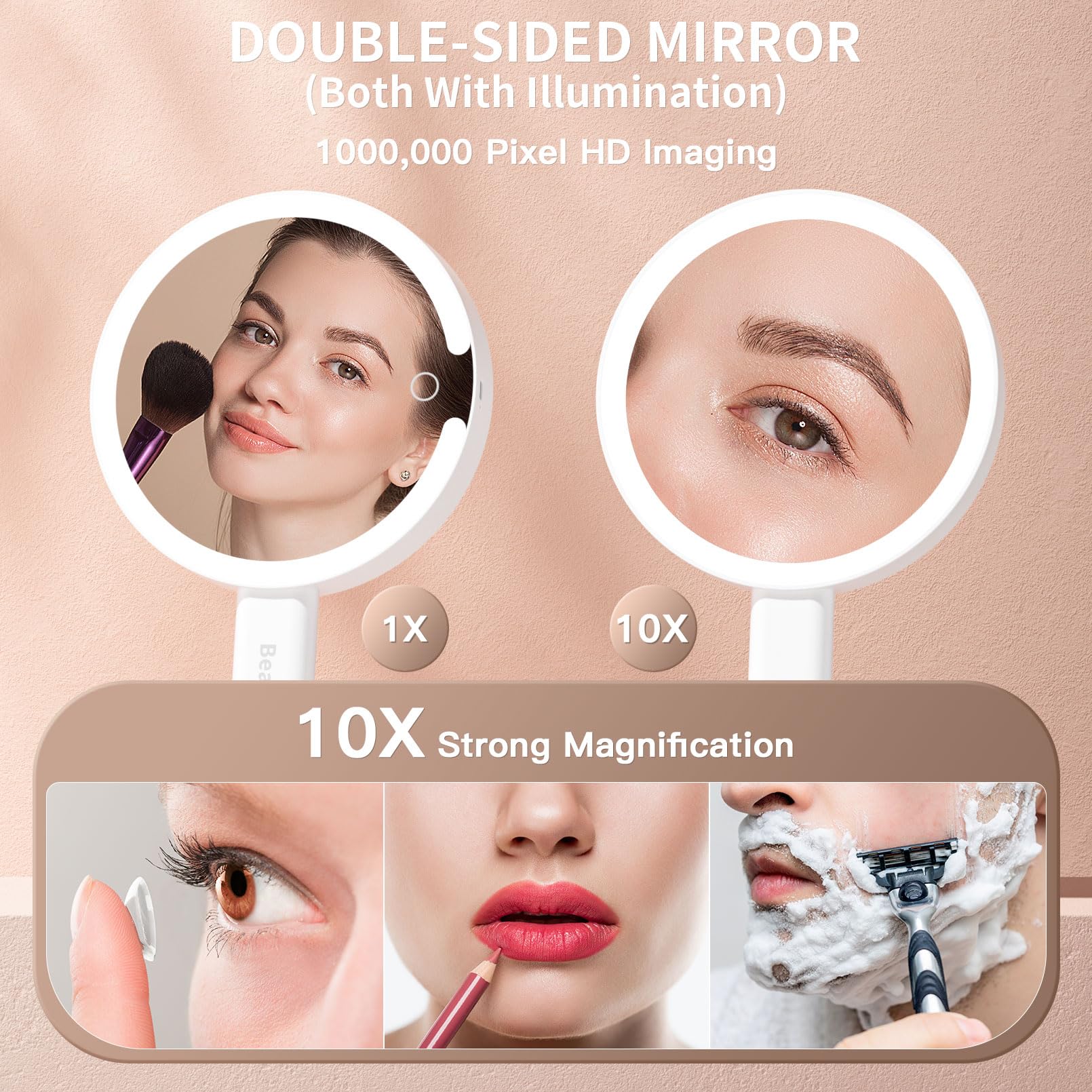Beautifive 3 in 1 Magnifying Mirror with Light, Rechargeable Double-Sided 10X/1X Lighted Makeup Mirror with Magnification, Stepl