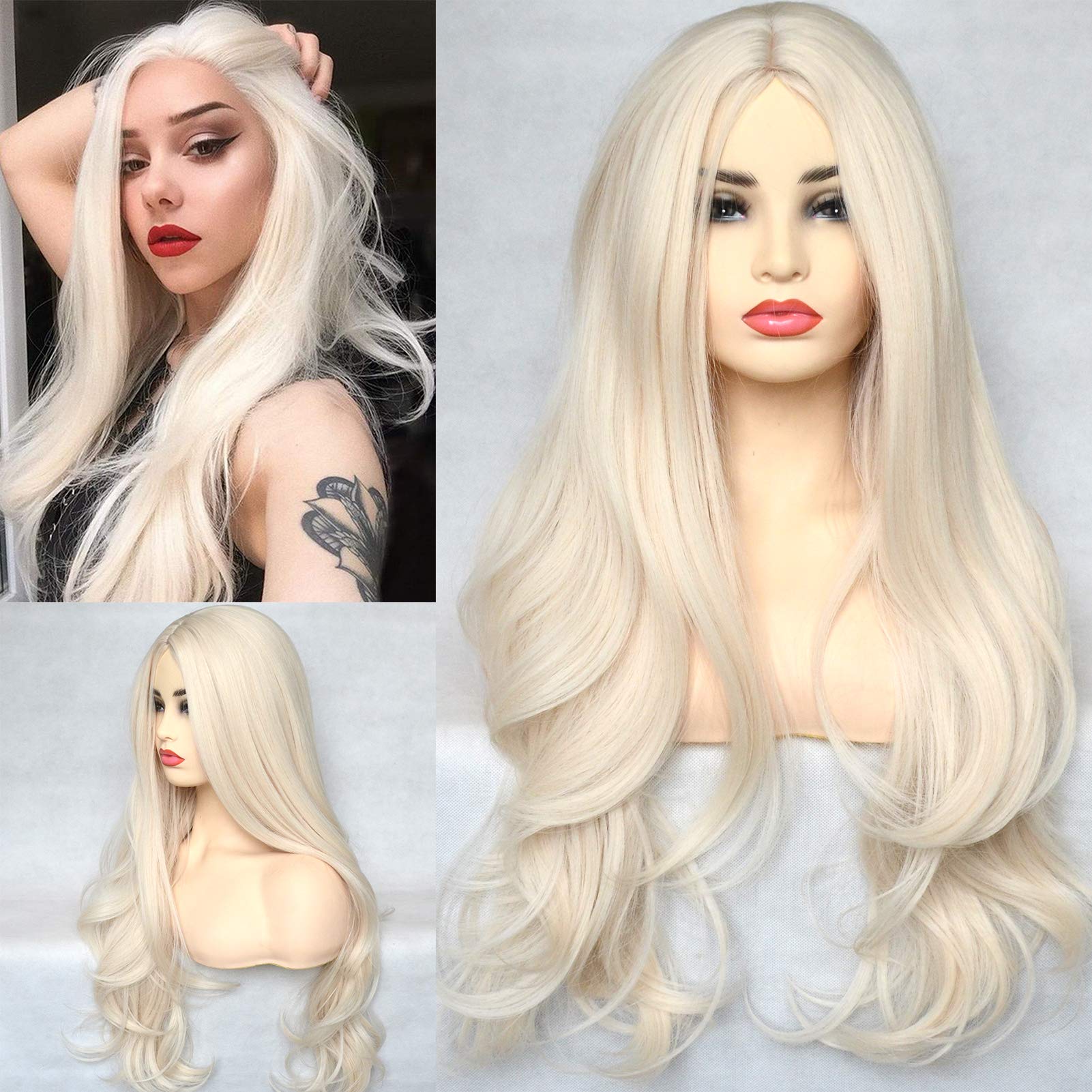 BLUPLE Platinum Blonde 60# Synthetic 13x4x1 T-Lace Front Wig Long Natural Wavy Heat Resistant Synthetic Hair Replacement Full Wi