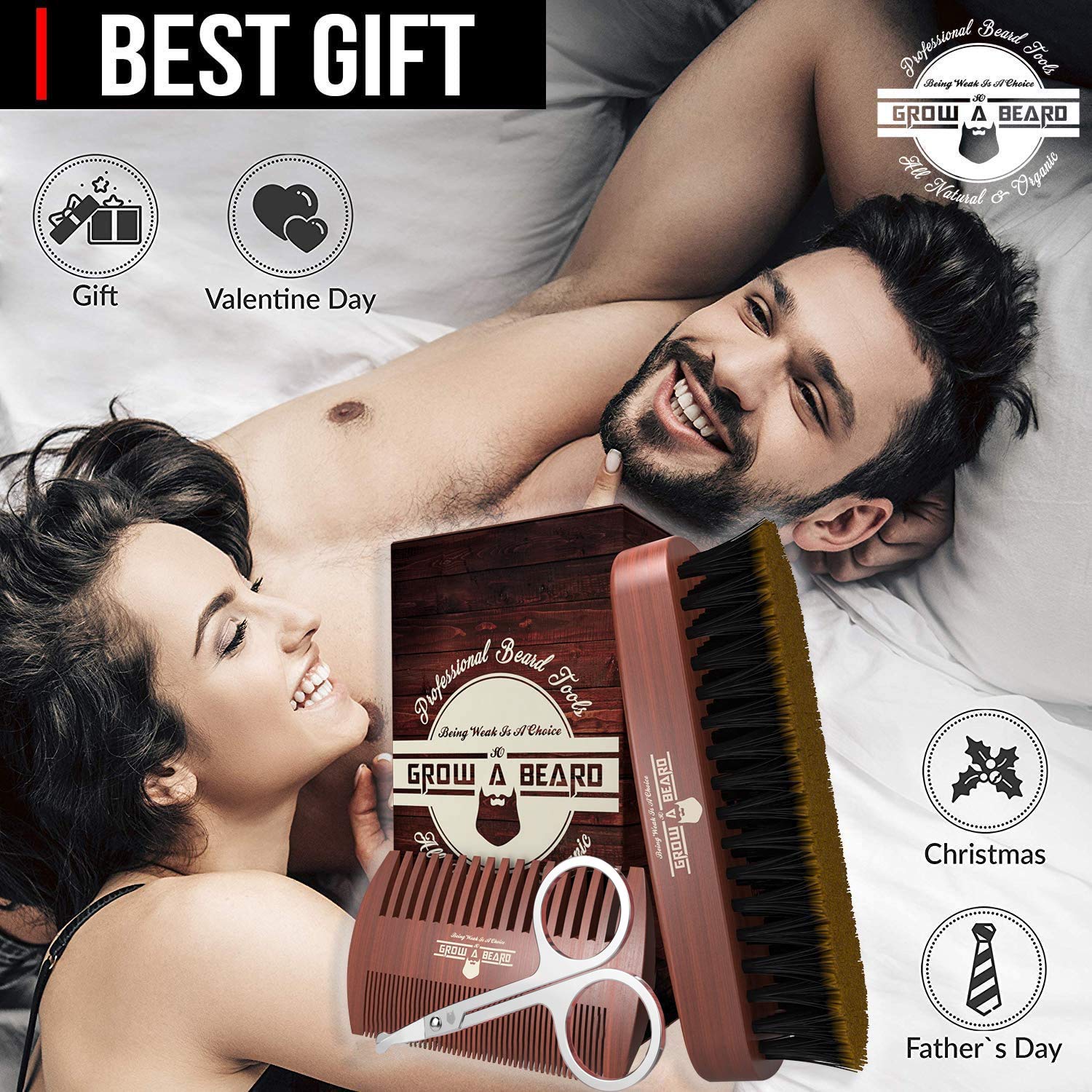 Beard Brush for Men & Beard Comb Set w/Mustache Scissors Grooming Kit, Natural Boar Bristle Brush, Dual Action Wood Comb, and Tr
