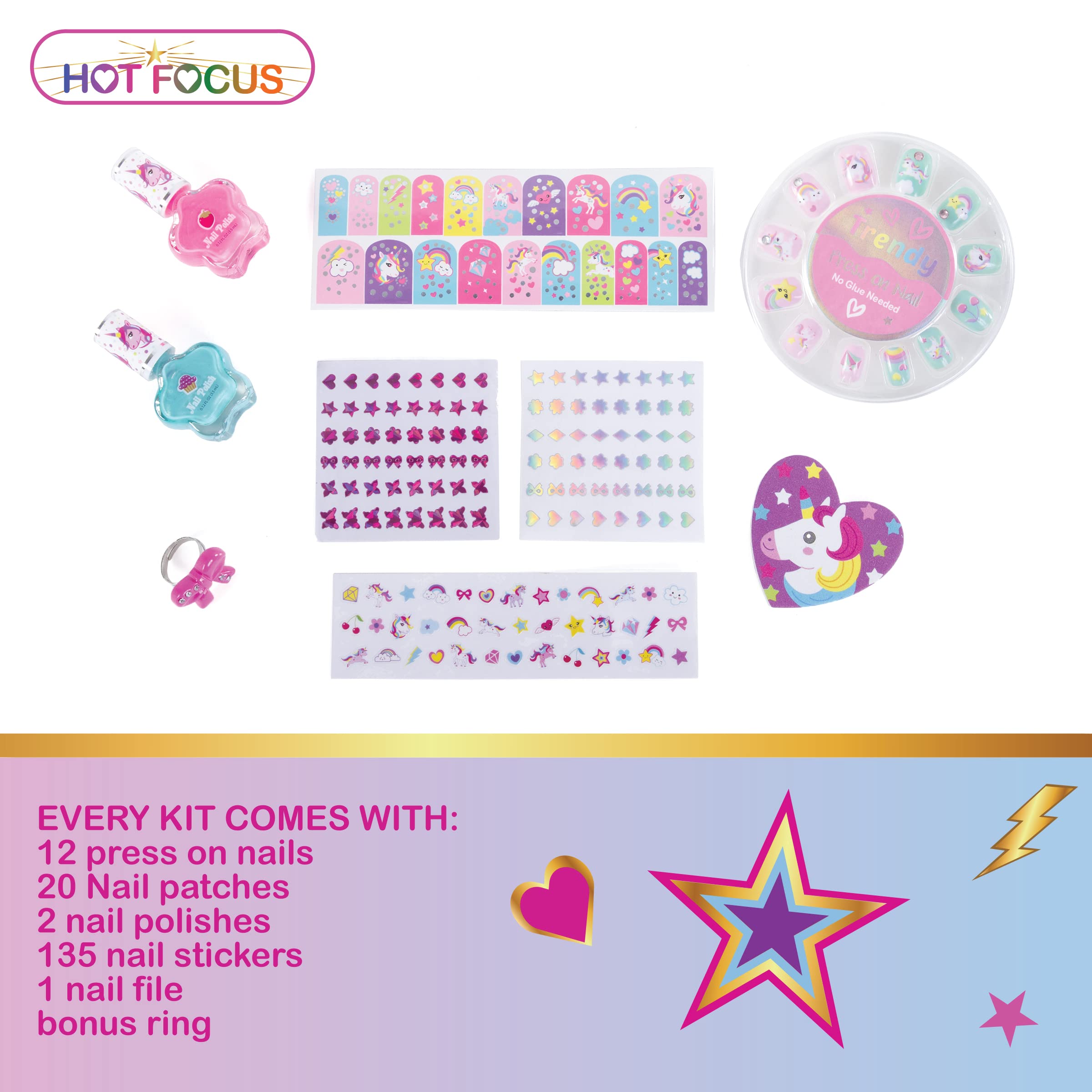 Hot Focus Unicorn Nail Art Kit – 168 Pieces, Non-Toxic Peel Off Polish, Pink, Model 036SR UC, Includes Press On Nails & Stickers