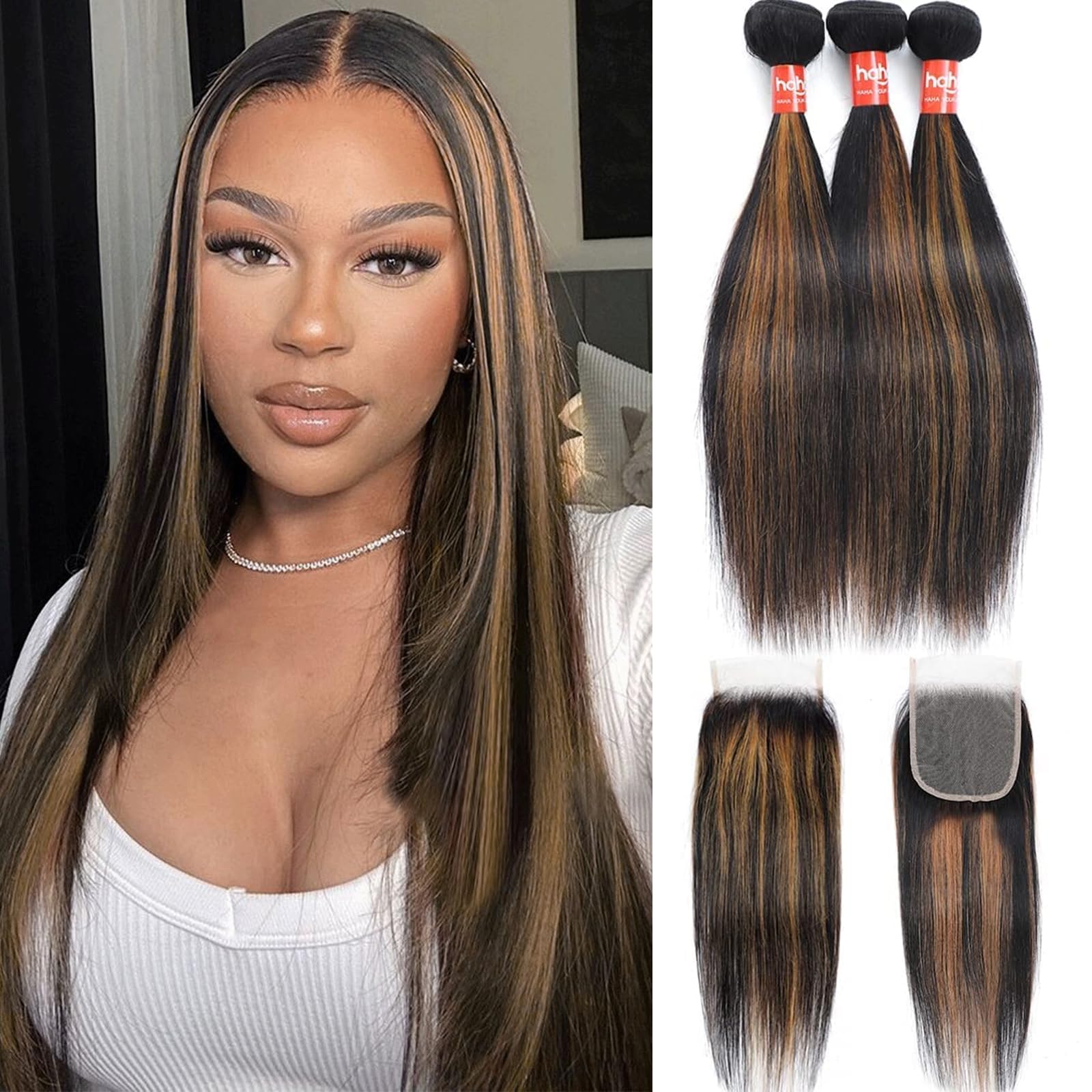 Haha Brown Highlight Bundles with 4x4 Closure Brazilian Human Hair Ombre Bundles with Closure Straight 10A Remy Virgin Hair Weav