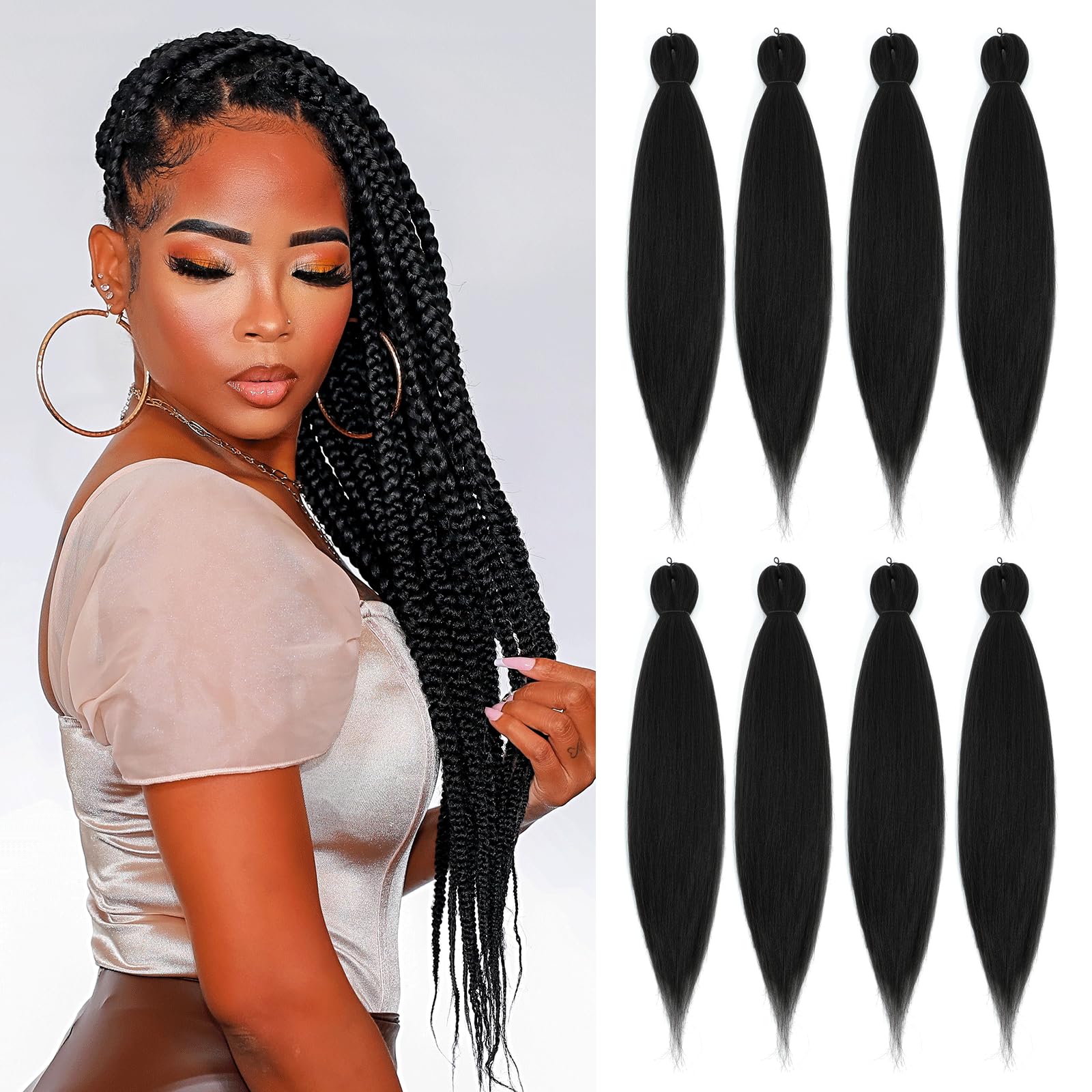 Difunee Pre-Stretched Braiding Hair - 24 Inch 8 Packs Jet Black Long Braiding Hair For Twist Or Box Braids, Yaki Texture Hot Wat