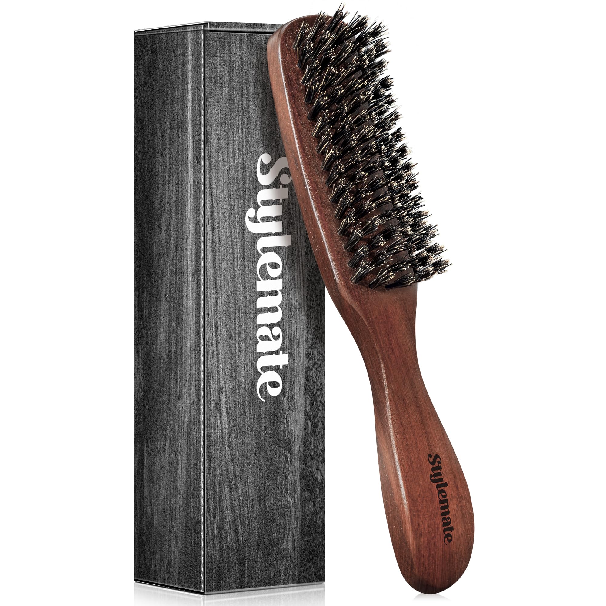 Boar Bristle Hair Brush for Men, Mens Slick Back Hair Brush with Stiff Bristles & Wooden Walnut Handle for Thick & Fine Hair Smo