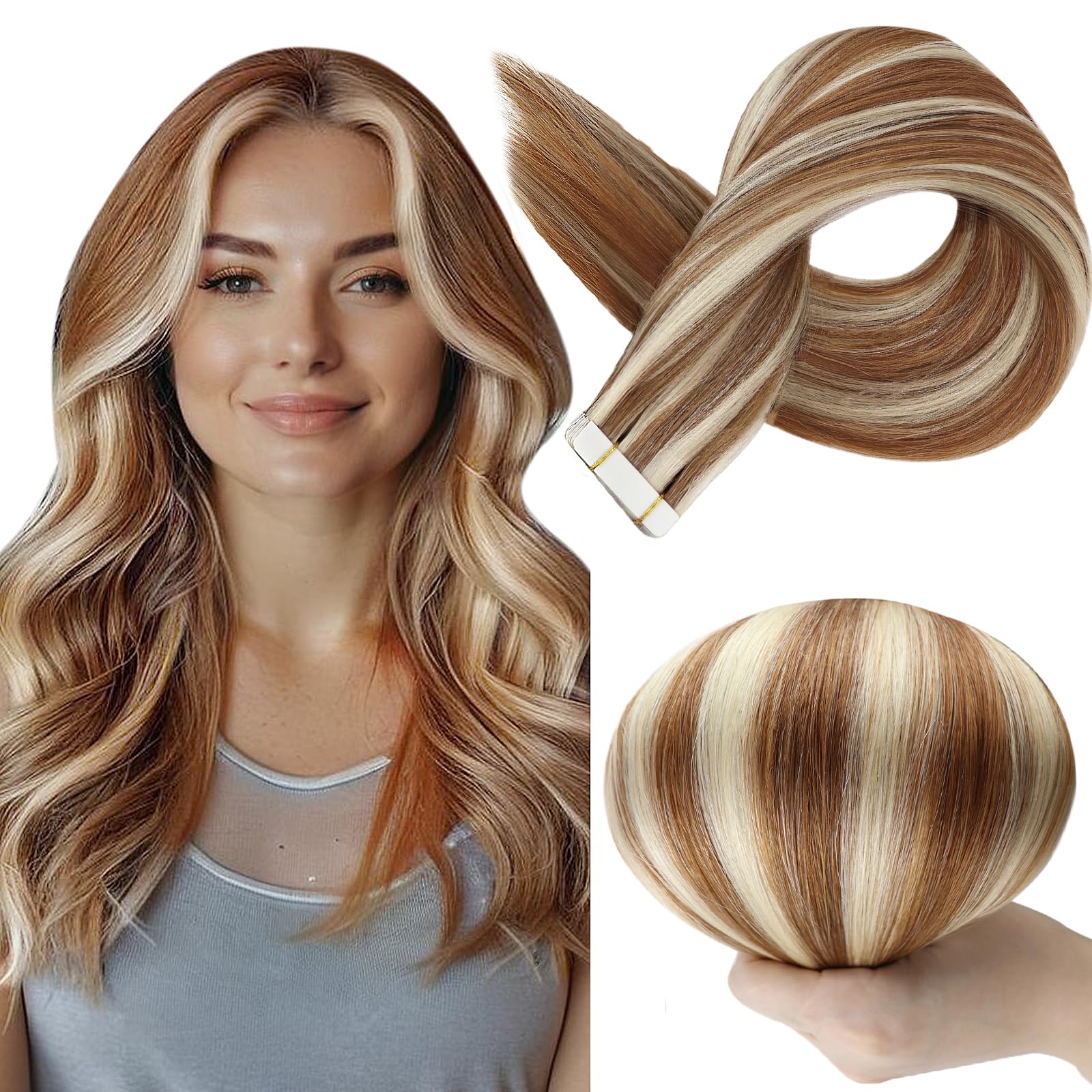 Full Shine Human Hair Extensions Tape In Color 330P800 Highlight Blonde Tape In Hair Extensions Human Hair 20 Inch Seamless Tape