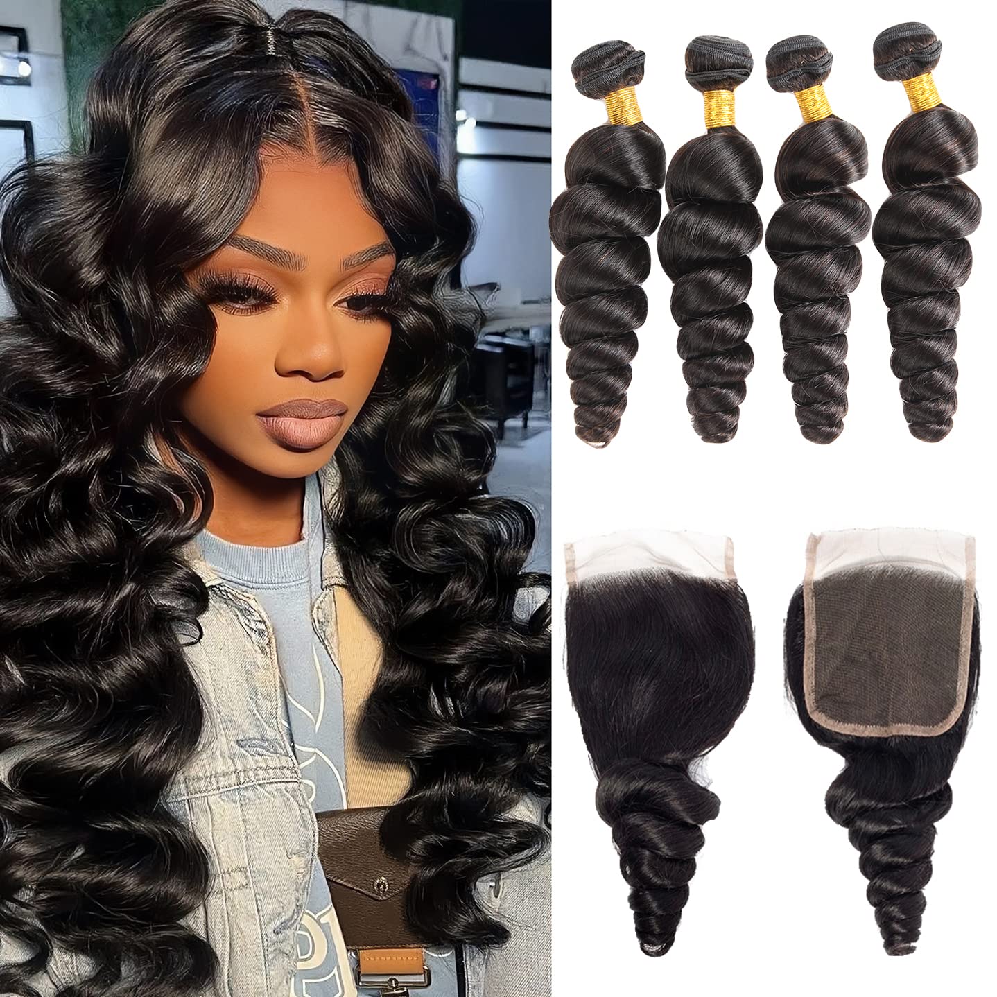 Loose Wave Bundles with Closure (22 24 26 28 +20) Wet and Wavy Brazilian Virgin Ocean wave Human Hair 4 Bundles with 4x4 Lace Cl