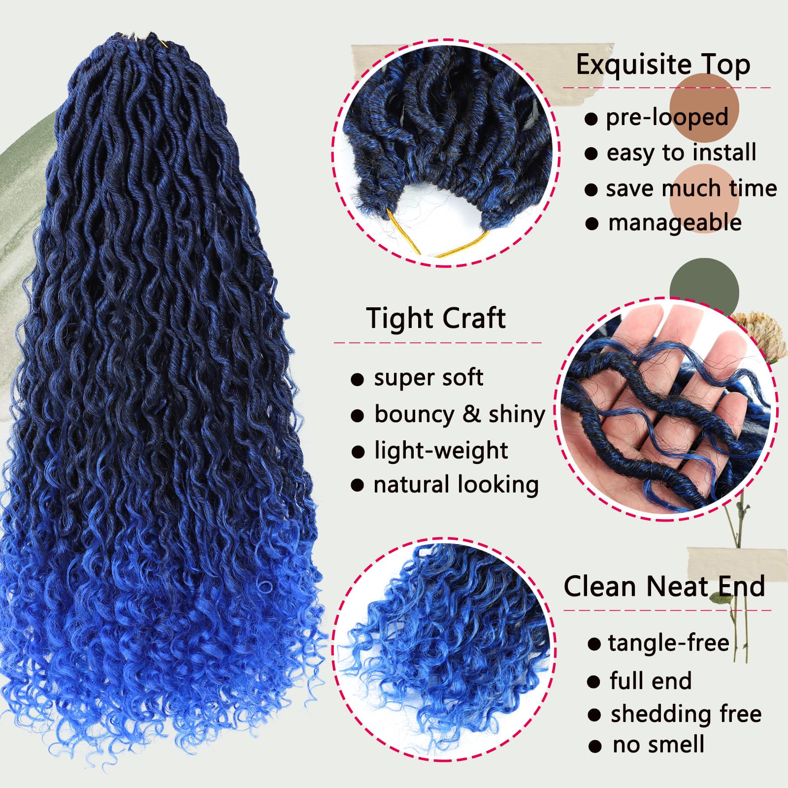 8 Packs Boho Goddess Locs Crochet Hair 18Inch Ombre Blue River Locs Crochet Hair Boho Faux Locs Wavy Hair With Curly Ends Pre-Lo