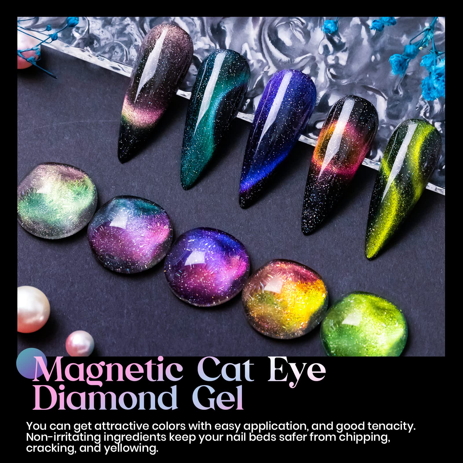 Mizhse Reflective 9D Cat Eye Gel Nail Polish, Glitter Magnetic Gel Polish Set With 2 Magnet Sticks, Chameleon Magic Effect Holog
