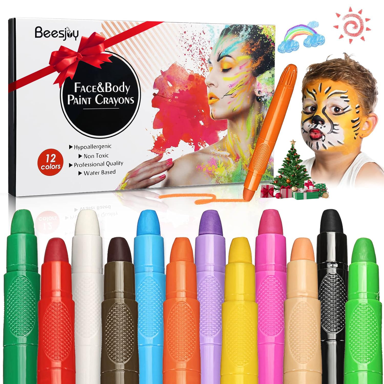 Beesjuy Face Painting Kits For Kids,12 Color Water Based Face Paint Kit, Washable Kids Body Paint For Makeup, For Birthday, Hall