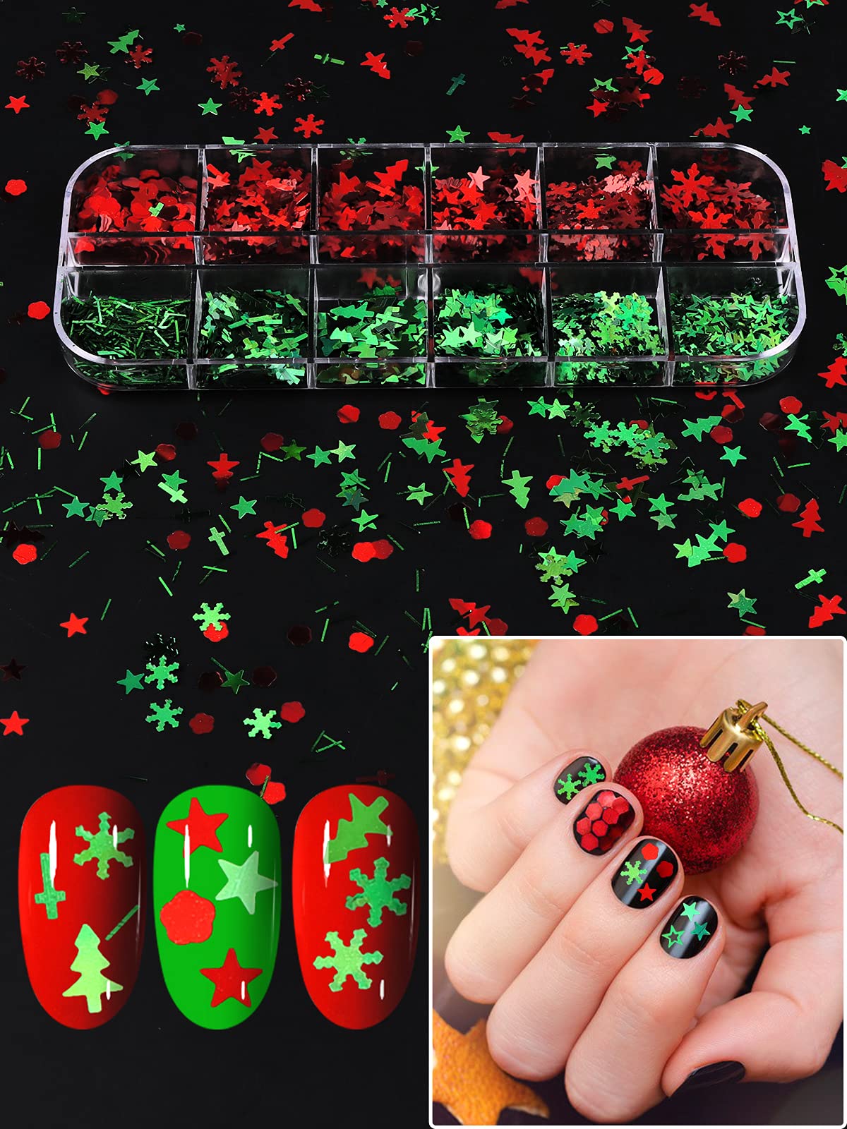 36 Grids Christmas Nail Art Sequins, Ebanku Holographic Snowflakes Santa Claus Snowman Flake Nail Glitter Sequins Colorful Spark