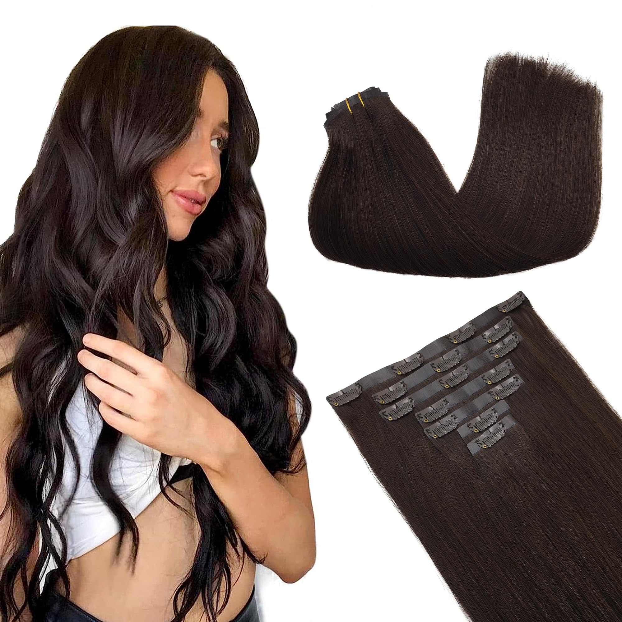 GOO GOO Clip in Hair Extensions Real Human Hair, 14inch 130g 9Pcs, 2A Light Brown, Remy Human Hair Extensions Clip ins for Women