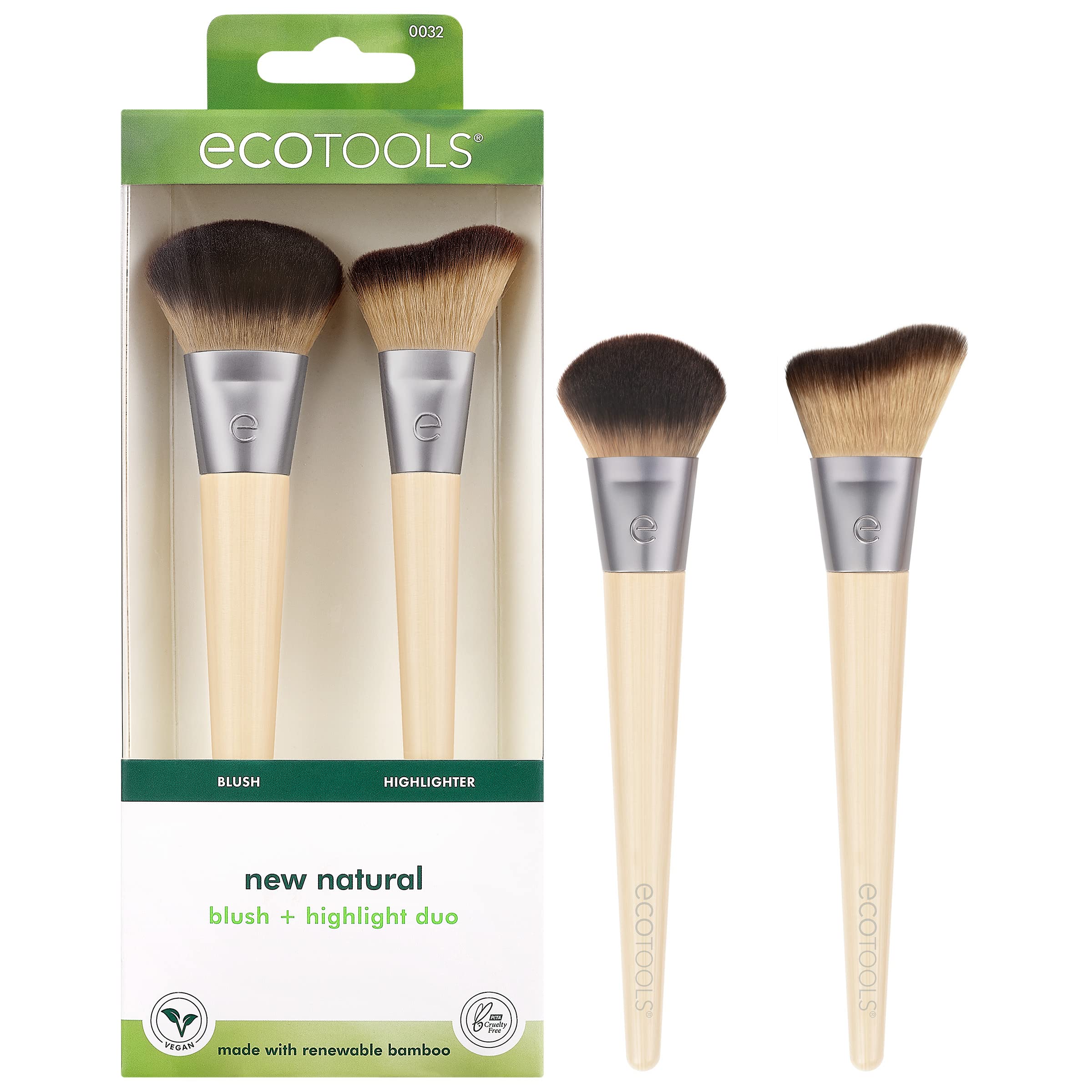 EcoTools Blush + Highlight Brush Duo, Makeup Brushes For Liquid, Cream, & Powder Highlight & Blush, Enhance Natural Skin, Eco-Fr