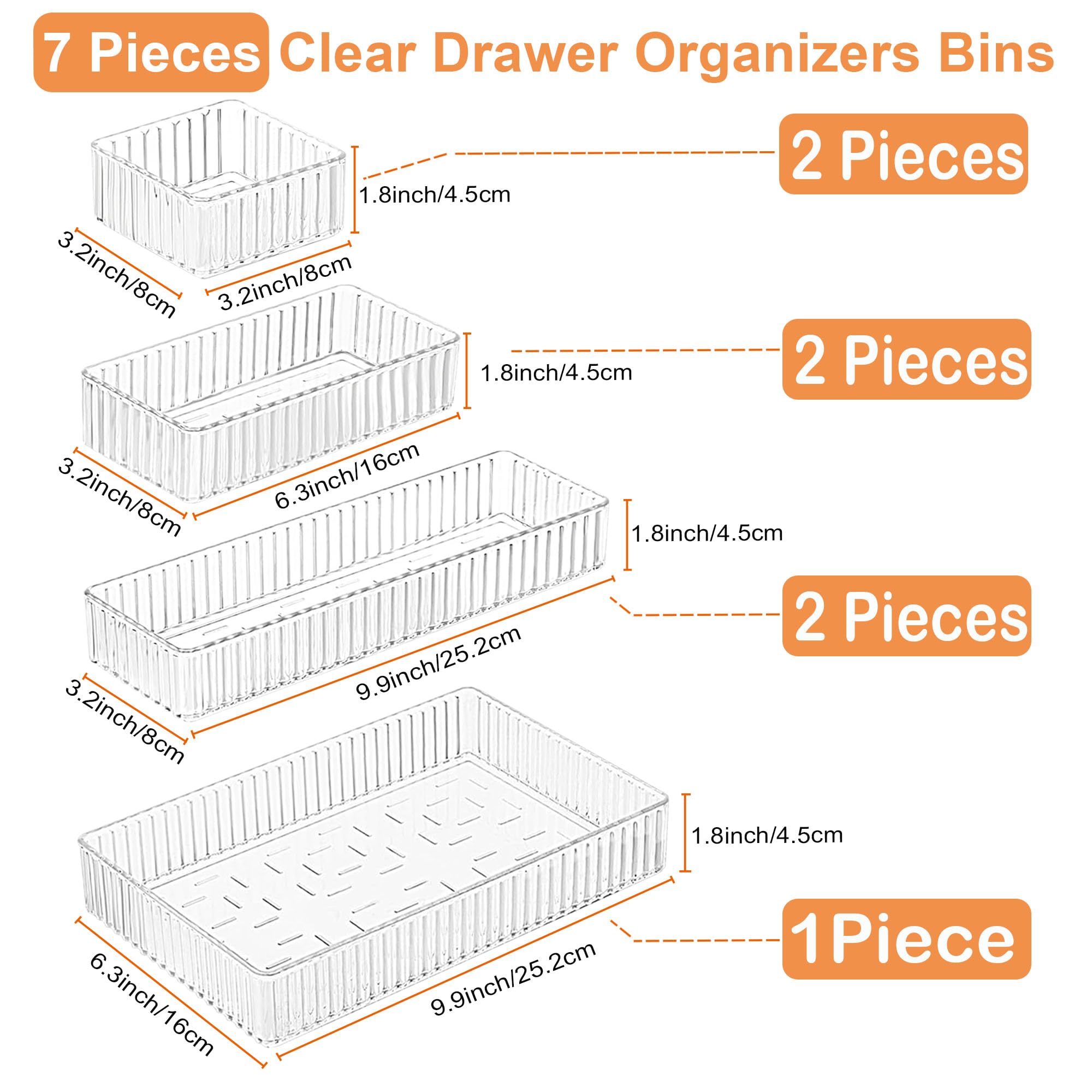 Adoco 7 PCS Clear Drawer Organizers Bins, 4-Size Stackable Makeup Vanity Drawer Organizer Trays, Acrylic Bathroom Drawer Organiz