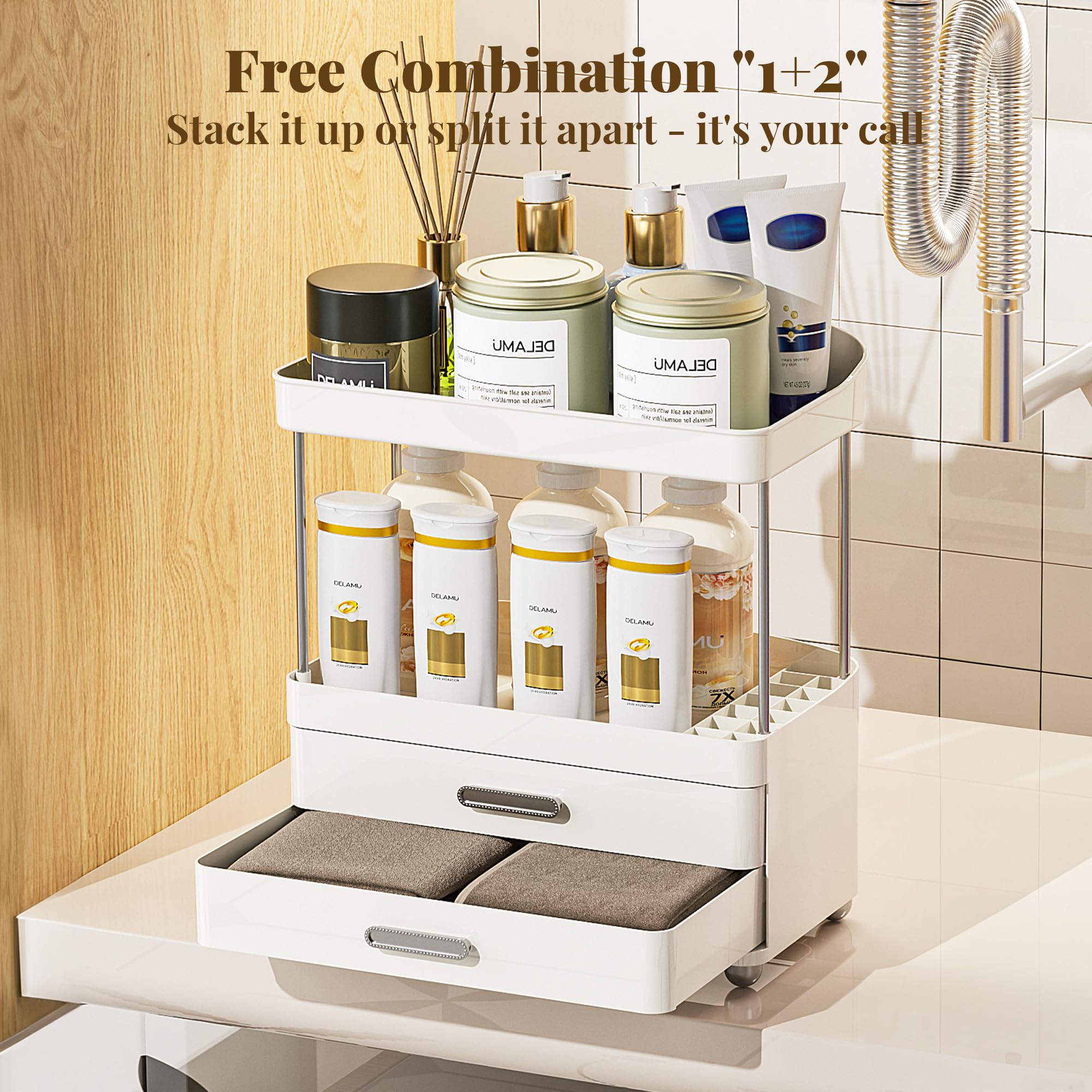 Delamu Bathroom Counter Organizer with Lipstick Holder, 4-Tier 2-Drawers Makeup Organizer, Bathroom Organizers and Storage for V
