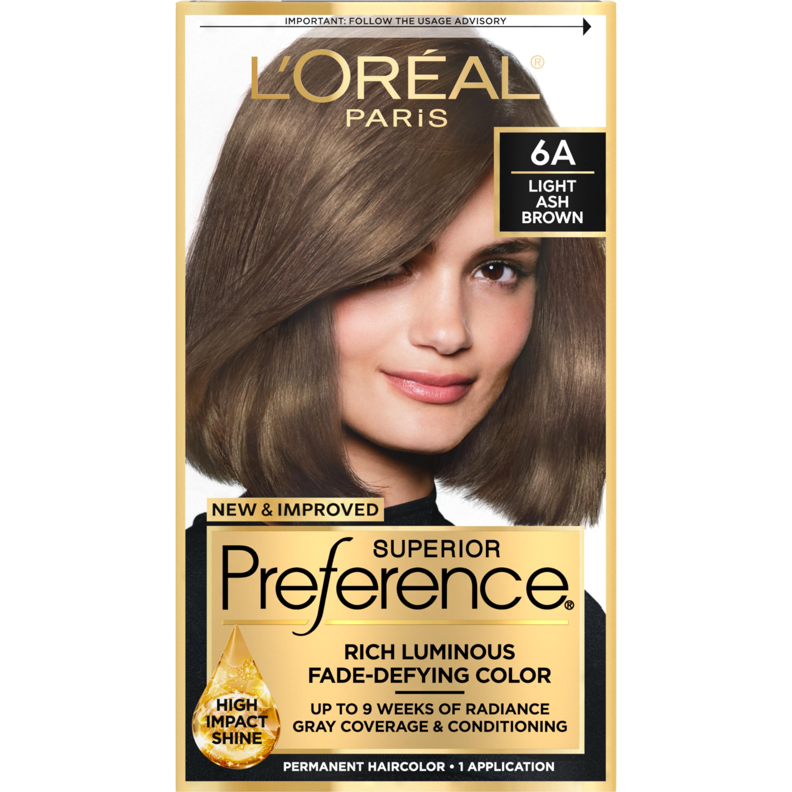 L'Oreal Paris Superior Preference Fade-Defying + Shine Permanent Hair Color, 6A Light Ash Brown, Pack of 1, Hair Dye