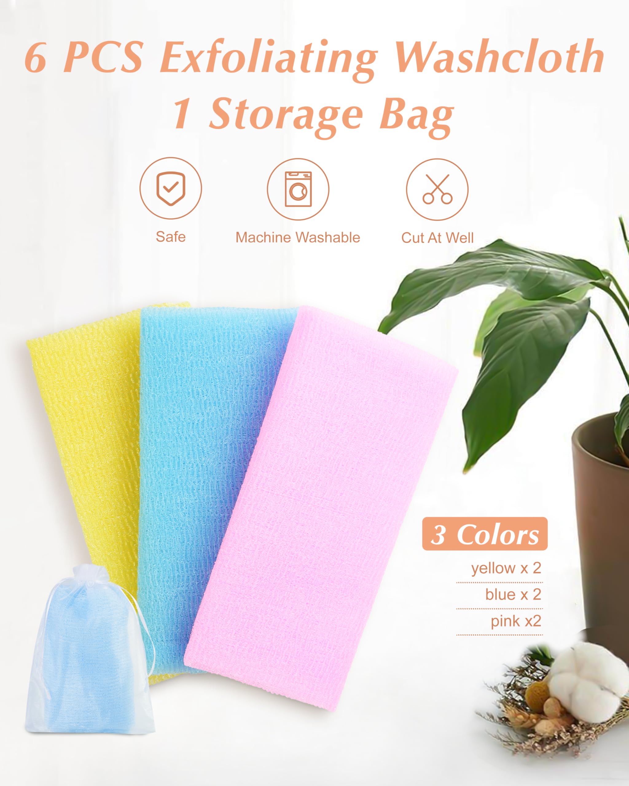 MoHern 6 PCS Exfoliating Washcloths - 35 Nylon Bath Towels in Blue, Yellow, Pink - Colorful Japanese Body Scrubber for Shower