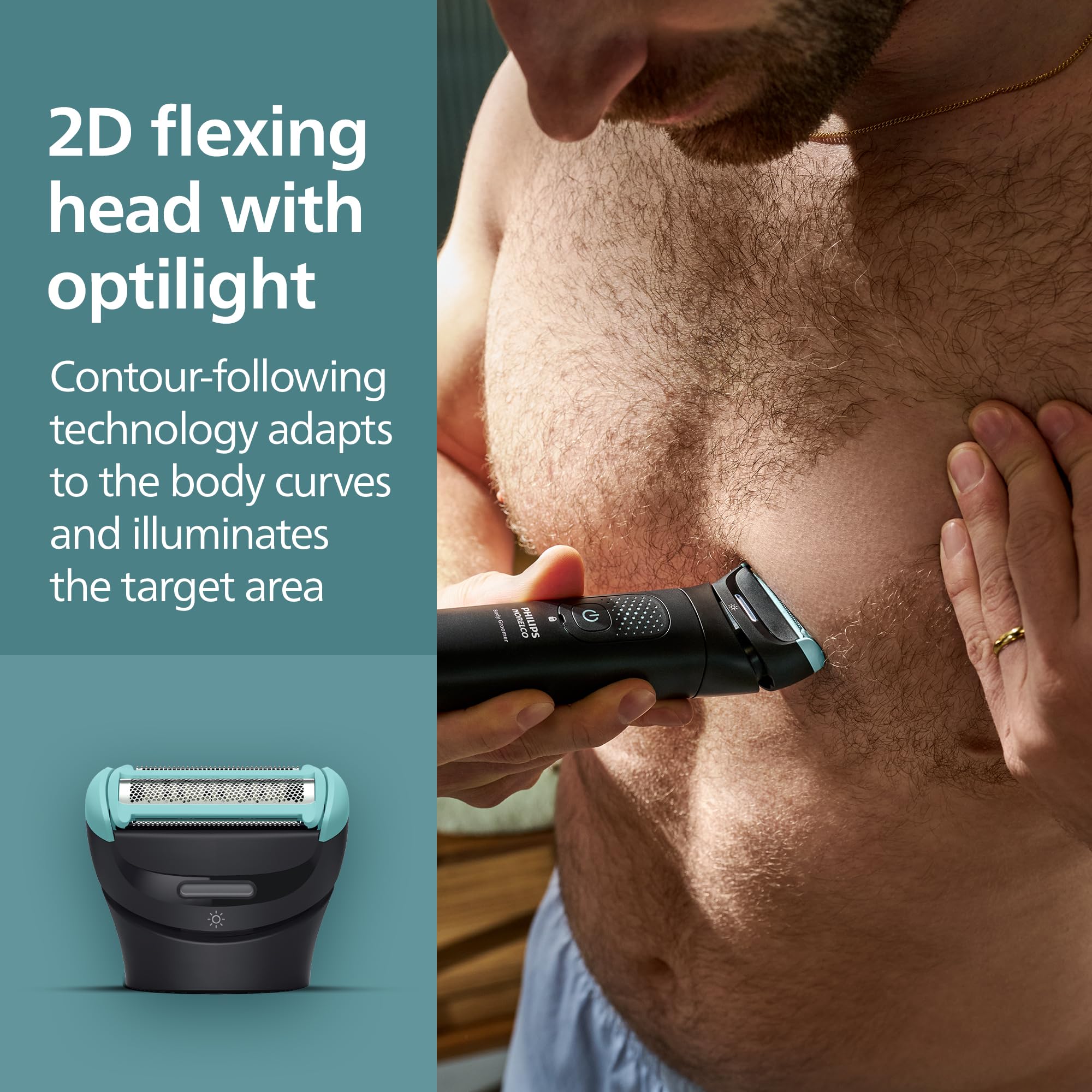 Philips Norelco Body Groomer 7000, Whole Body Trimmer, 100% Showerproof, BG7480/50, Black, Contour-Following Flexing Head
