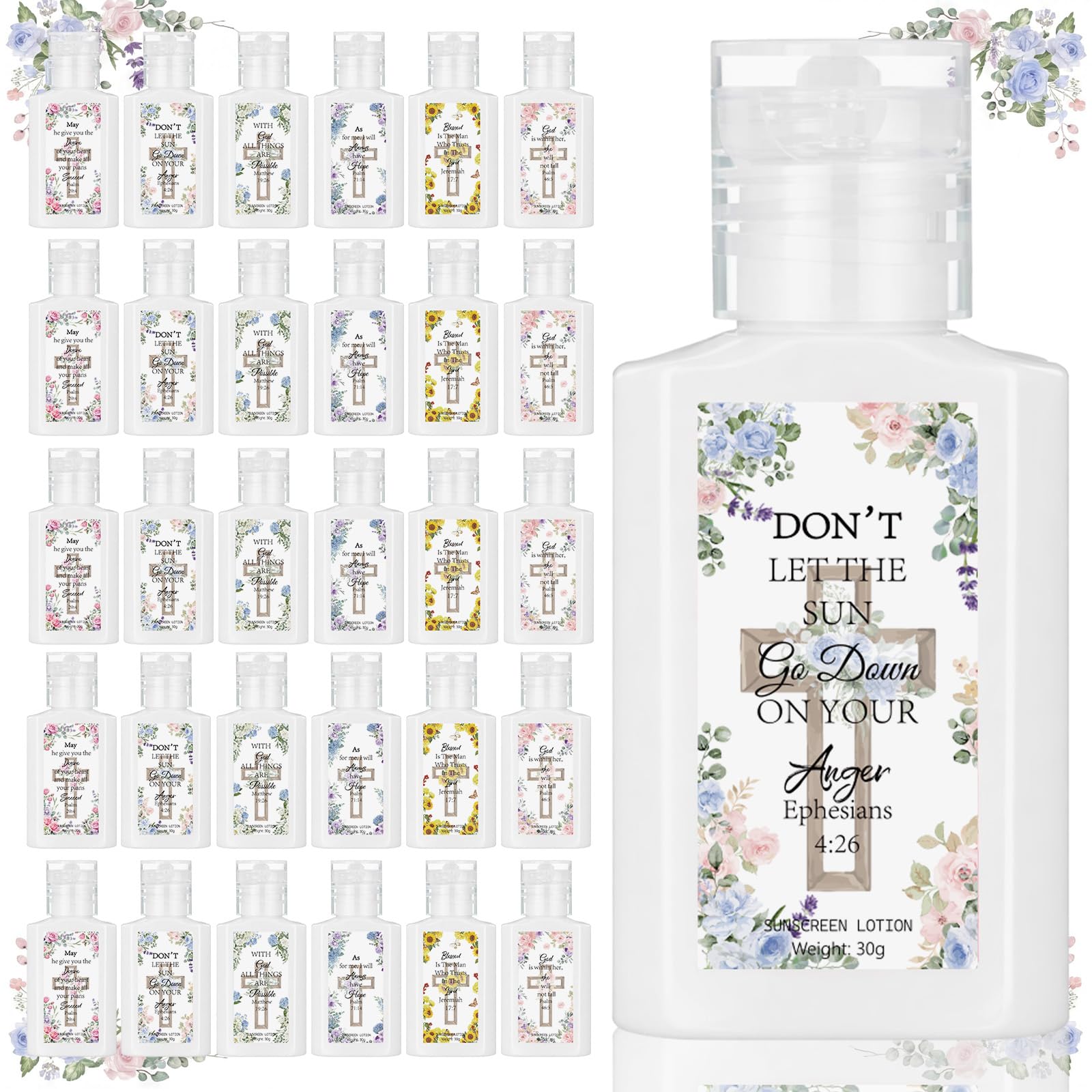Demissle 30 Pcs Christian Party Favors Mini Sunscreen Bulk Travel Size for Woman 1 oz Spf 30 Inspiring Flower Cross Bible Verse 