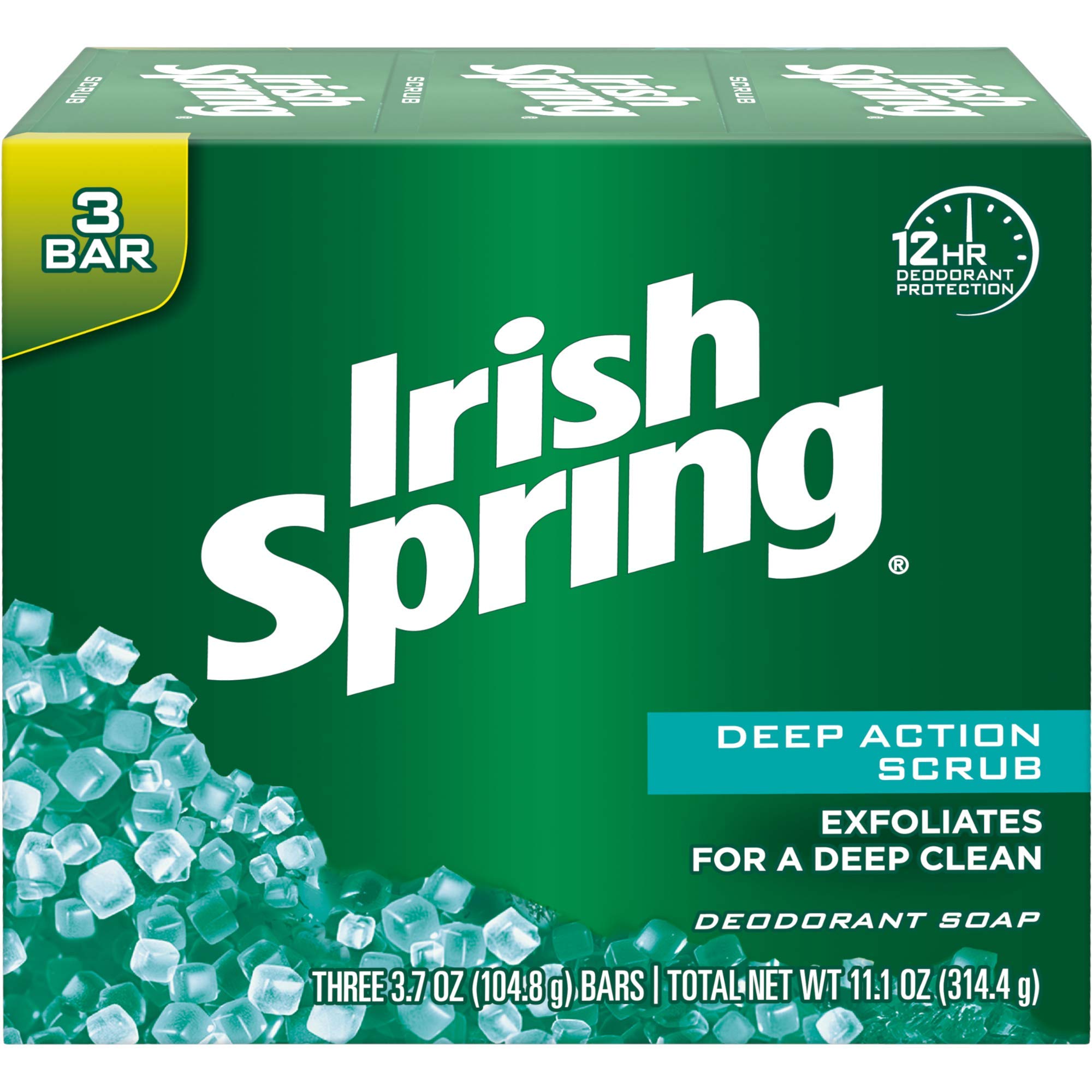 Irish Spring Deep Action Scrub Deodorant Soap by, 3 Count, Fresh, 11.1 Oz (Packaging may Vary)