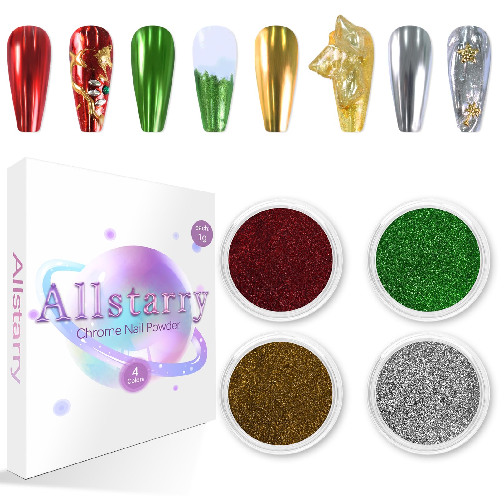 Allstarry Chrome Nail Powder 4 Colors Metallic Mirror Effect Pigment Chrome Iridescent Nail Glitter Magic Unicorn Glitter Dust K