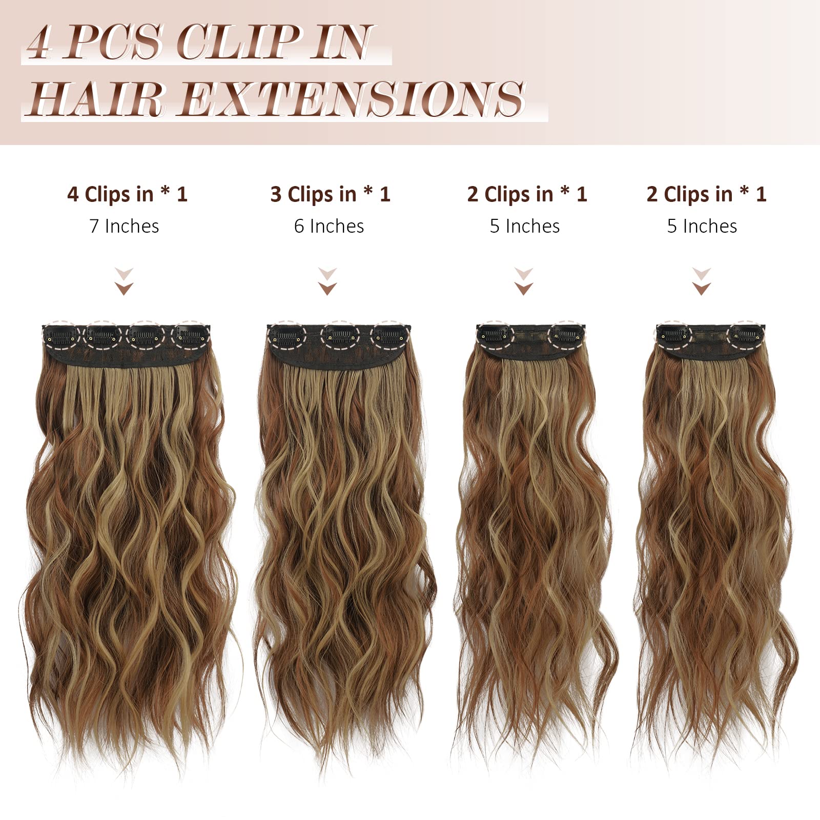 FESHFEN Clip in Hair Extensions - 4 PCS Long Wavy Thick Highlighted Clip in Hairpieces Synthetic Hair Extension for Women, Reddi
