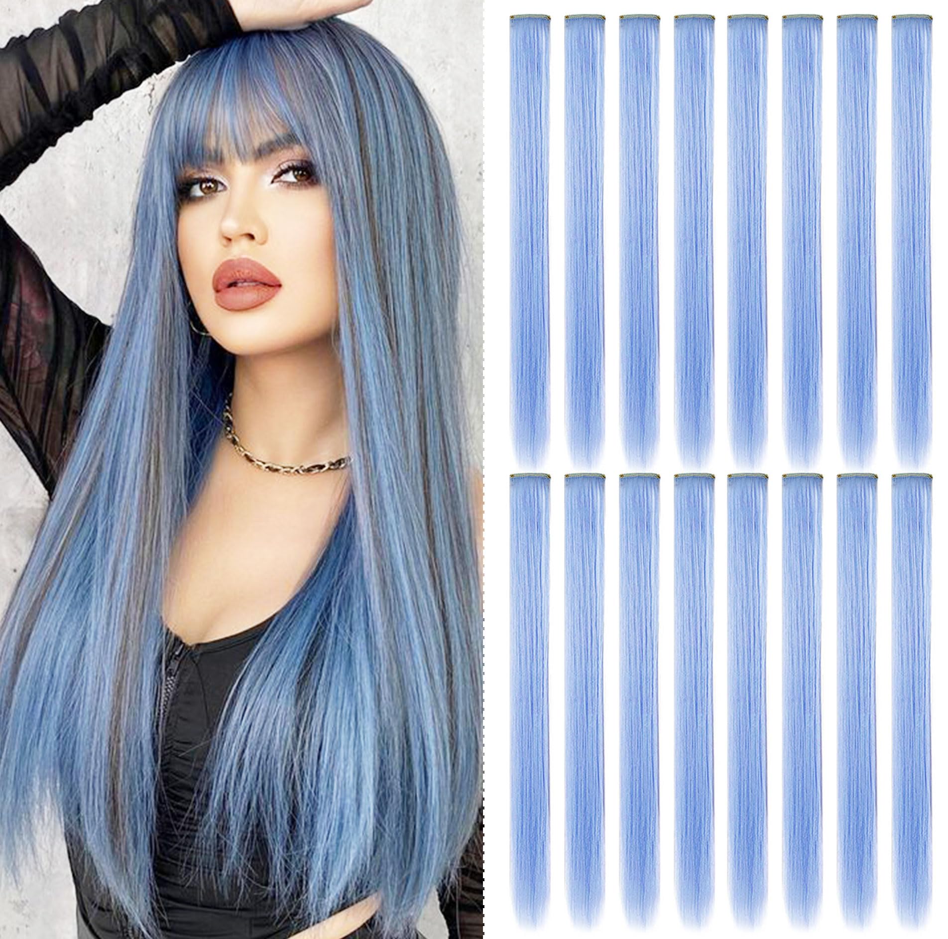 SARARHY 16 PCS Colored Hair Extensions Clip in Holiday Party Highlights 21 inch Straight Synthetic Light Blue Hairpieces for Gir