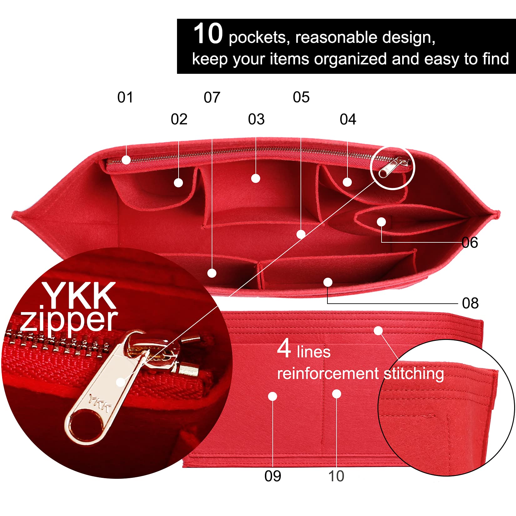 Doxo Purse Organizer Insert Handbag & Tote Felt Bag Fits L Neverfull GM & Base Shaper 2pc Set (X-Large, Red-Combination)