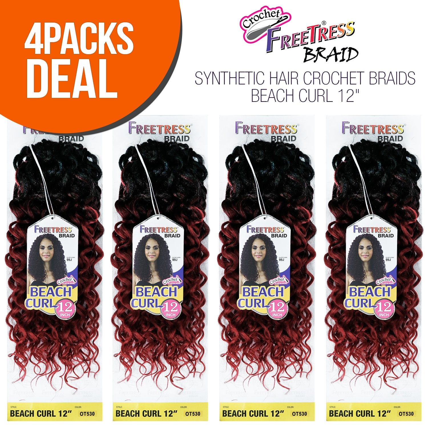 Multi Pack Deals! Freetress Synthetic Hair Crochet Braids Beach Curl 12'' (4-Pack, 99J)