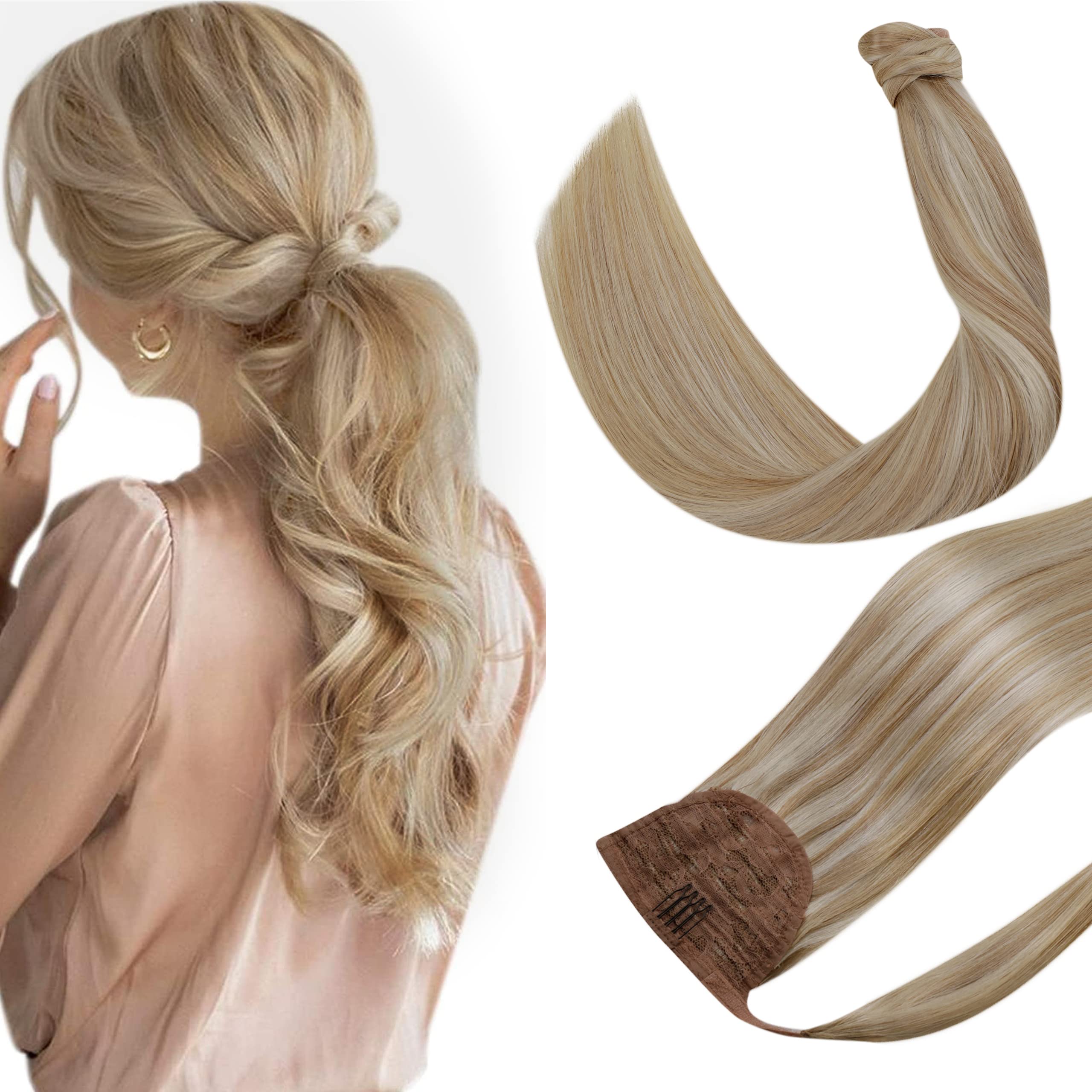 Hetto Blonde Wrap Around Ponytail Extensions #14/613 Blonde Highlight Clip in Ponytail Hair Piece 16 Inch 80g Ponytail Extension