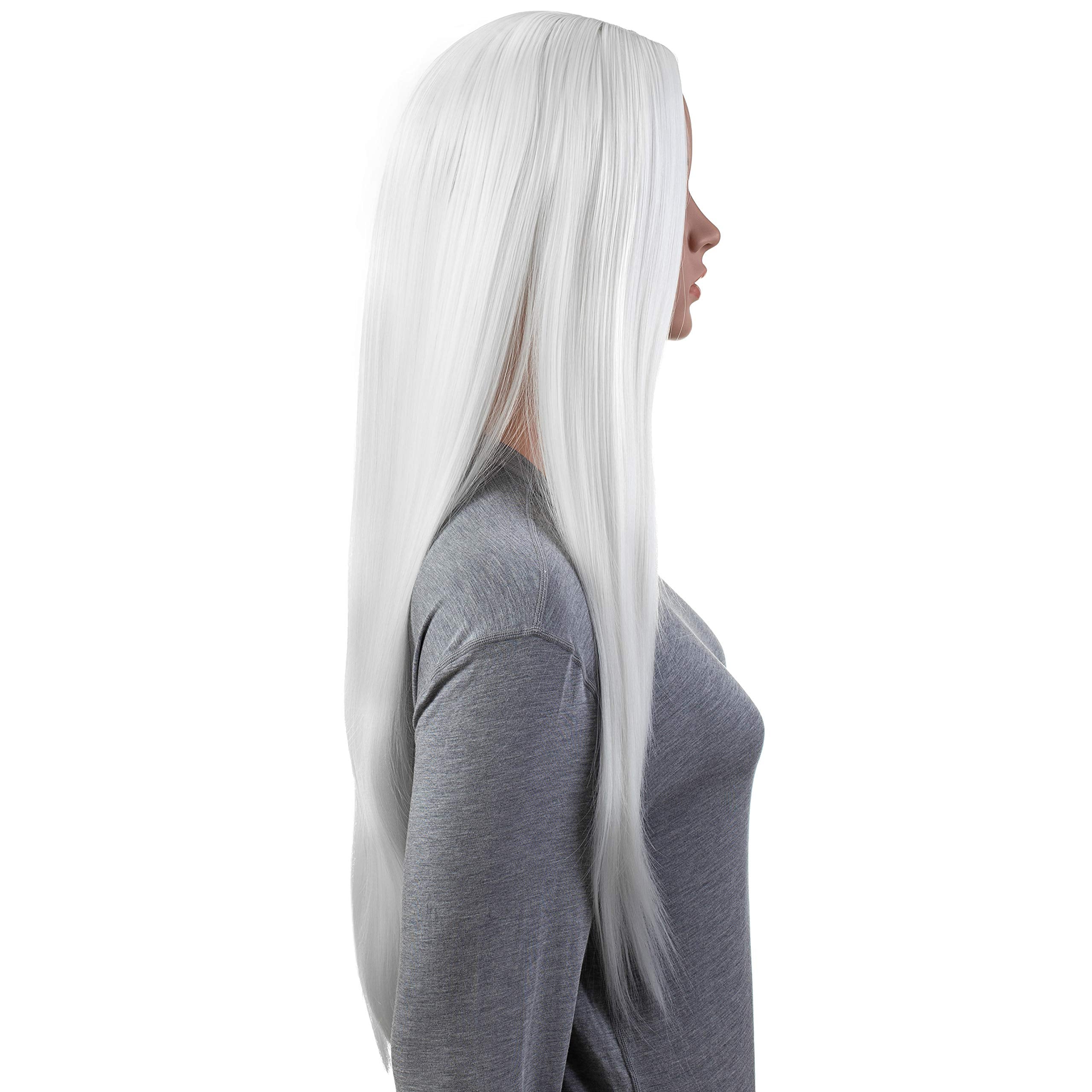 Onedor 30 Inches Long Straight White Synthetic Hair Women Full Head Cosplay Wig With Wig Cap (1001 - White)