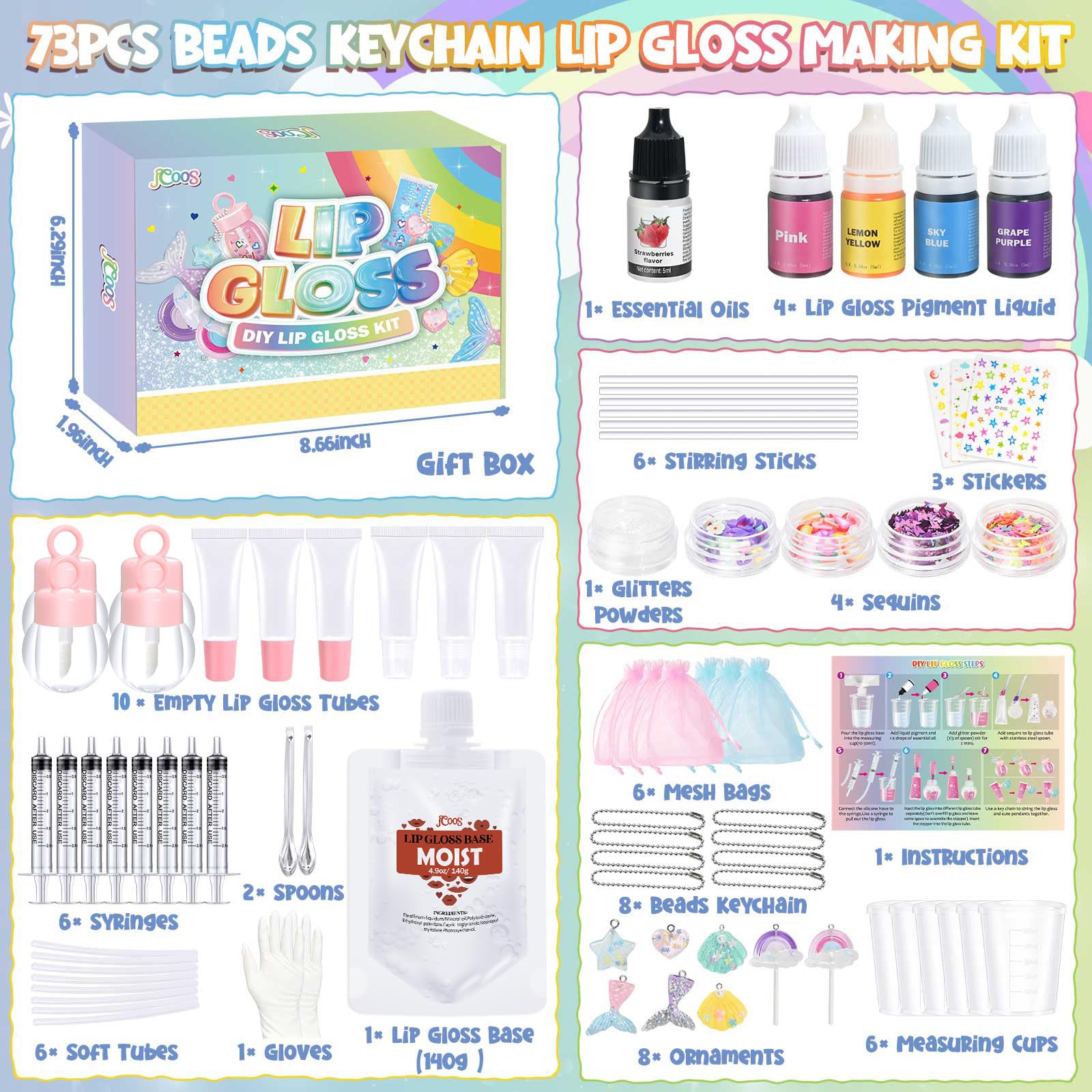 Lip Gloss Making Kit Jcoos 73Pcs Lip Gloss Keychain Make Your Own Lip Gloss Kit, Diy Lip Gloss Making Kit Moisturizing Shine Beg