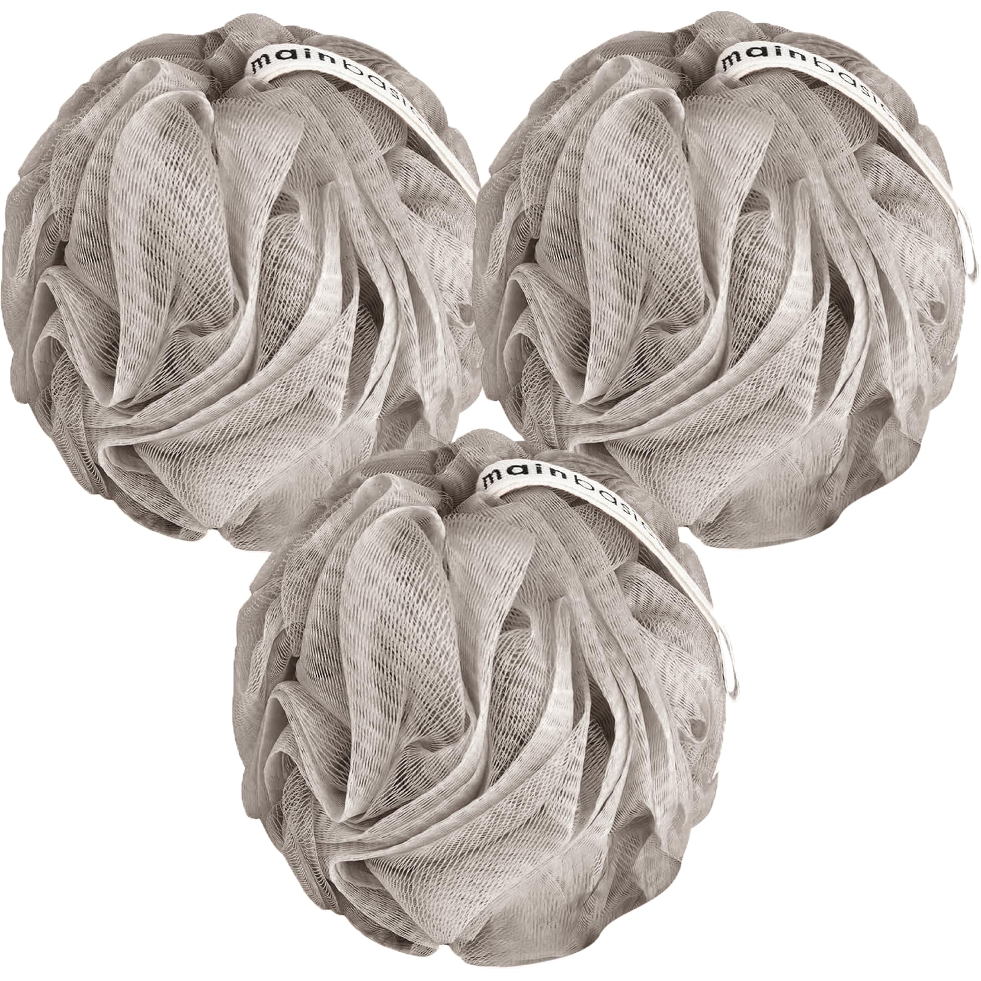 Mainbasics Bath Shower Loofah Sponge Pouf Body Scrubber Exfoliator Body Wash Sponge (Set Of 3, Totally Taupe)