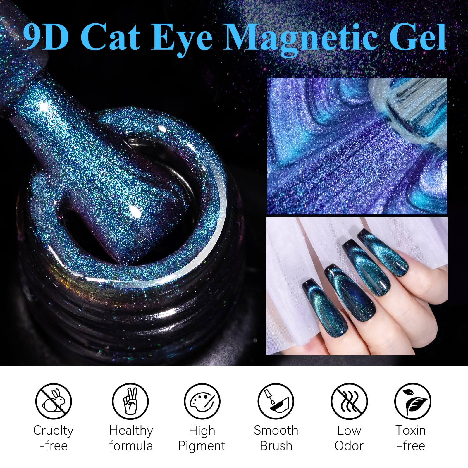 Mizhse 9D Cat Eye Gel Nail Polish, Silver Magnetic Gel Polish With Magnet Stick, Magic Shimmer Galaxy Effect Holographic Glitter