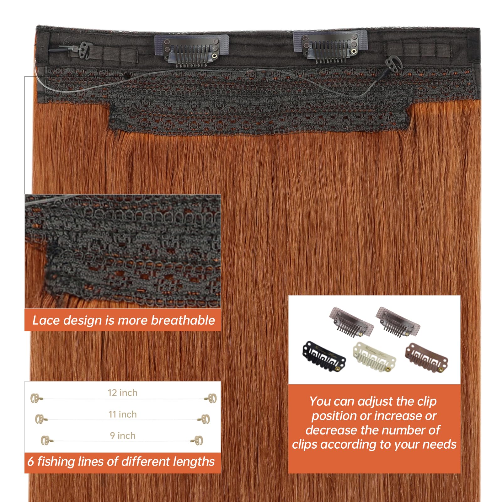 Sunny Wire Hair Extensions Real Human Hair Fish Line Human Hair Extensions Invisible Wire Extensions Copper #350 18 Inch