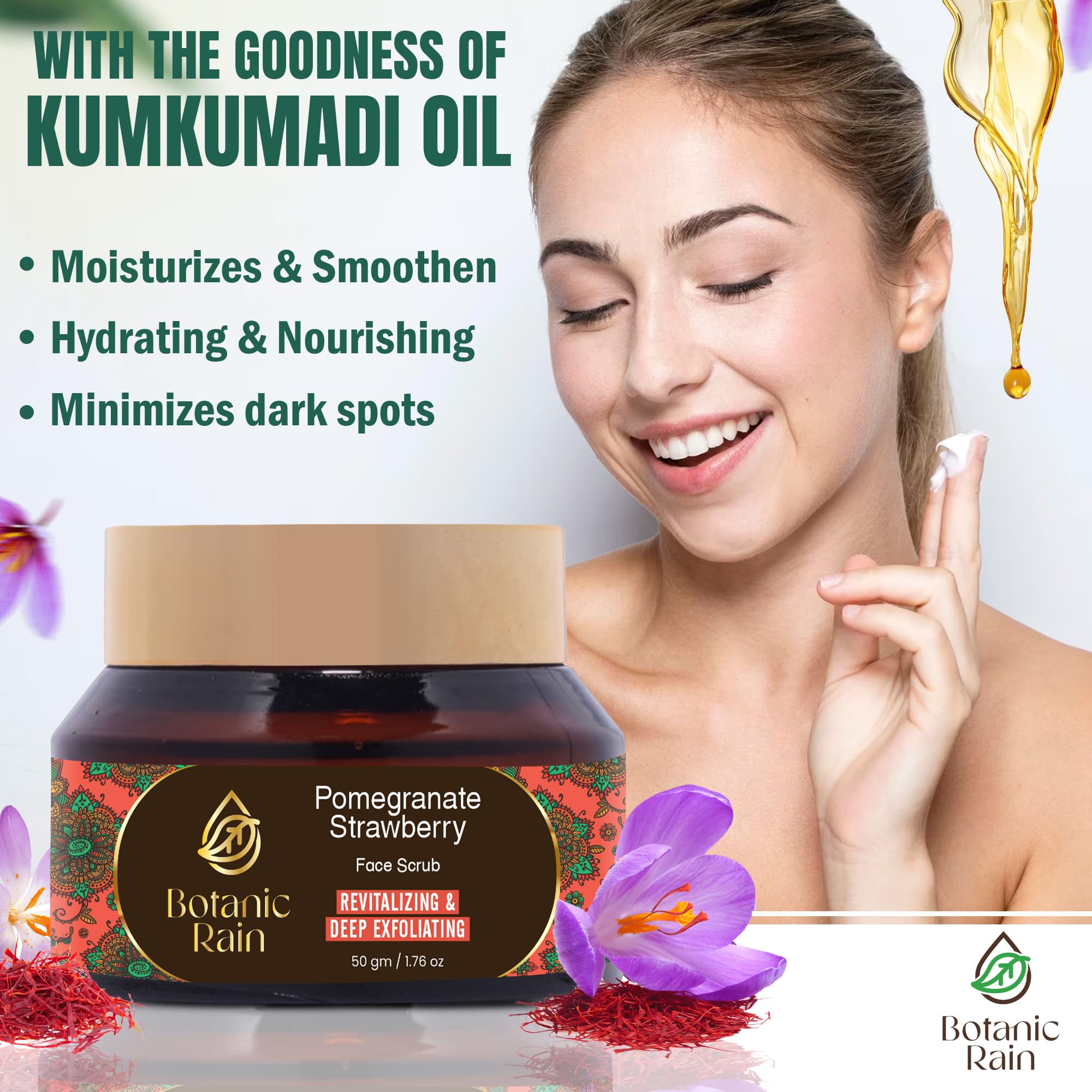 Botanic Rain Organic Face Scrub With Pomegranate & Strawberry, Ayurveda Natural Tan Remover Scrub For Every Skin Type