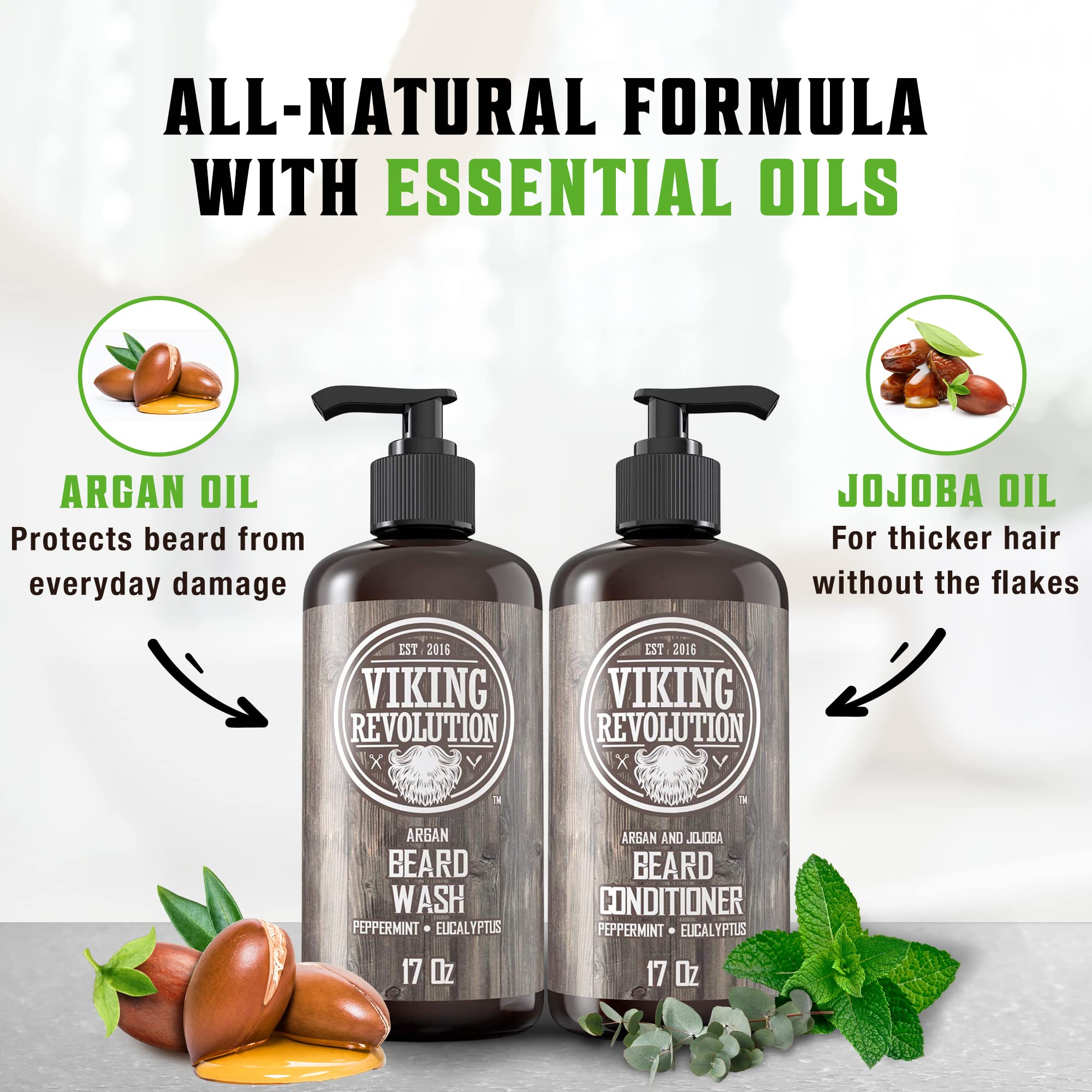 Viking Revolution Beard Wash & Conditioner Set W/Argan & Jojoba Oils - Softens, Smooths & Strengthens Beard Growth - Natural Pep