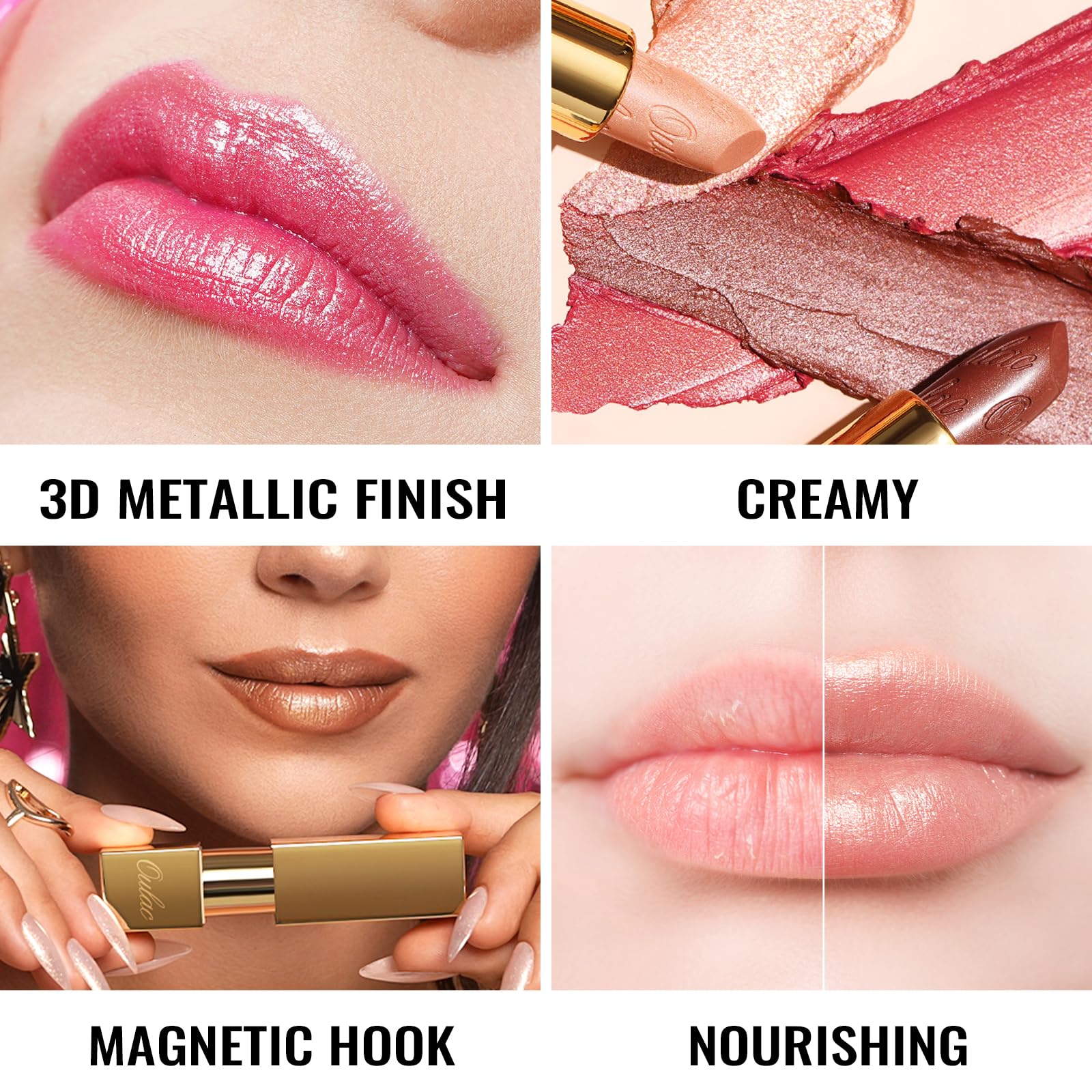 Oulac Orange Red Lipstick for Women with Metallic 3D Shine Lightweight Hydrating Formula, High Impact Lip Color, Vegan Beauty, F