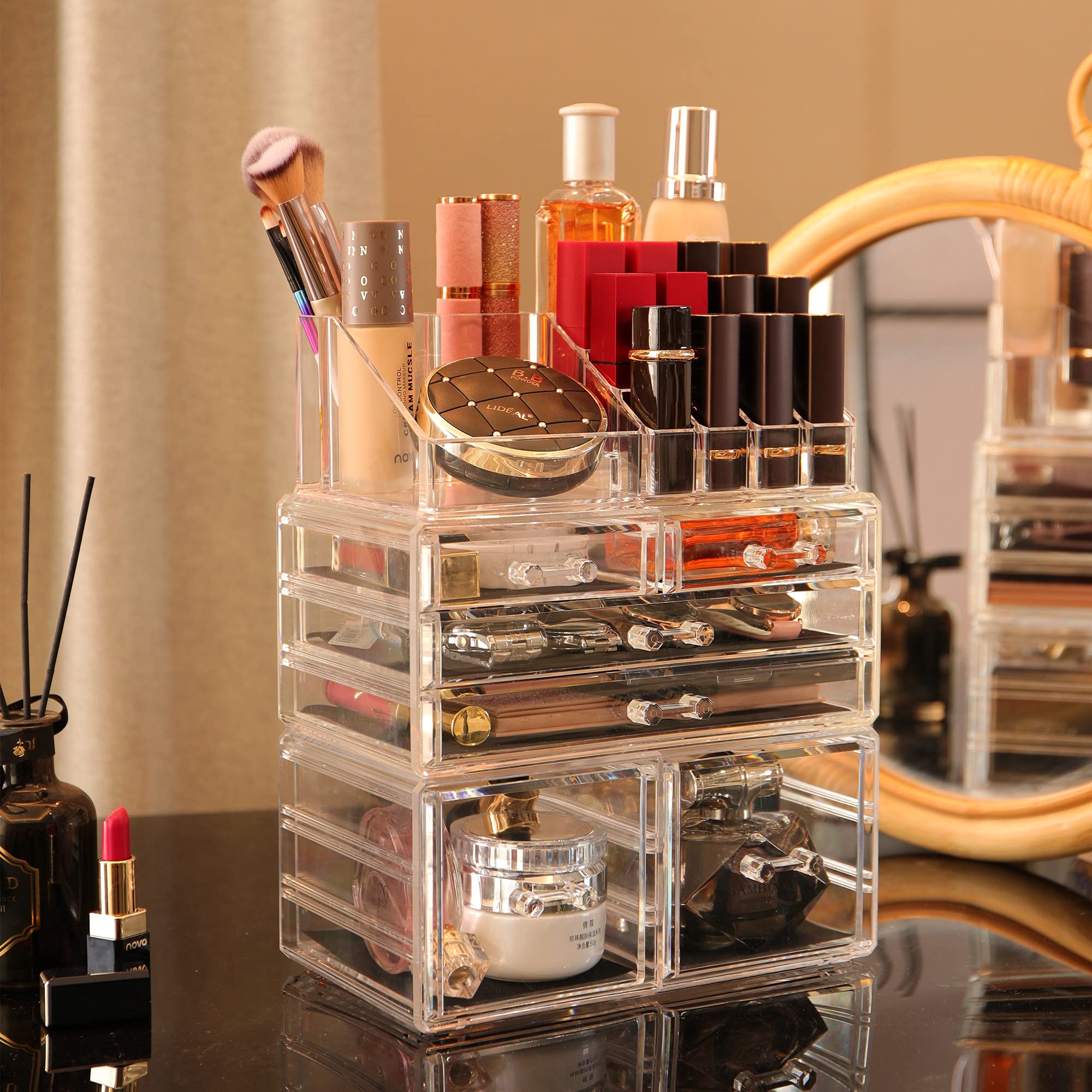 Cq Acrylic 3 Pack Clear Make Up Organizers For Vanity,Stackable 6 Drawers Make Up Organizer,Cute Desk Organizer For Vanity Jewel