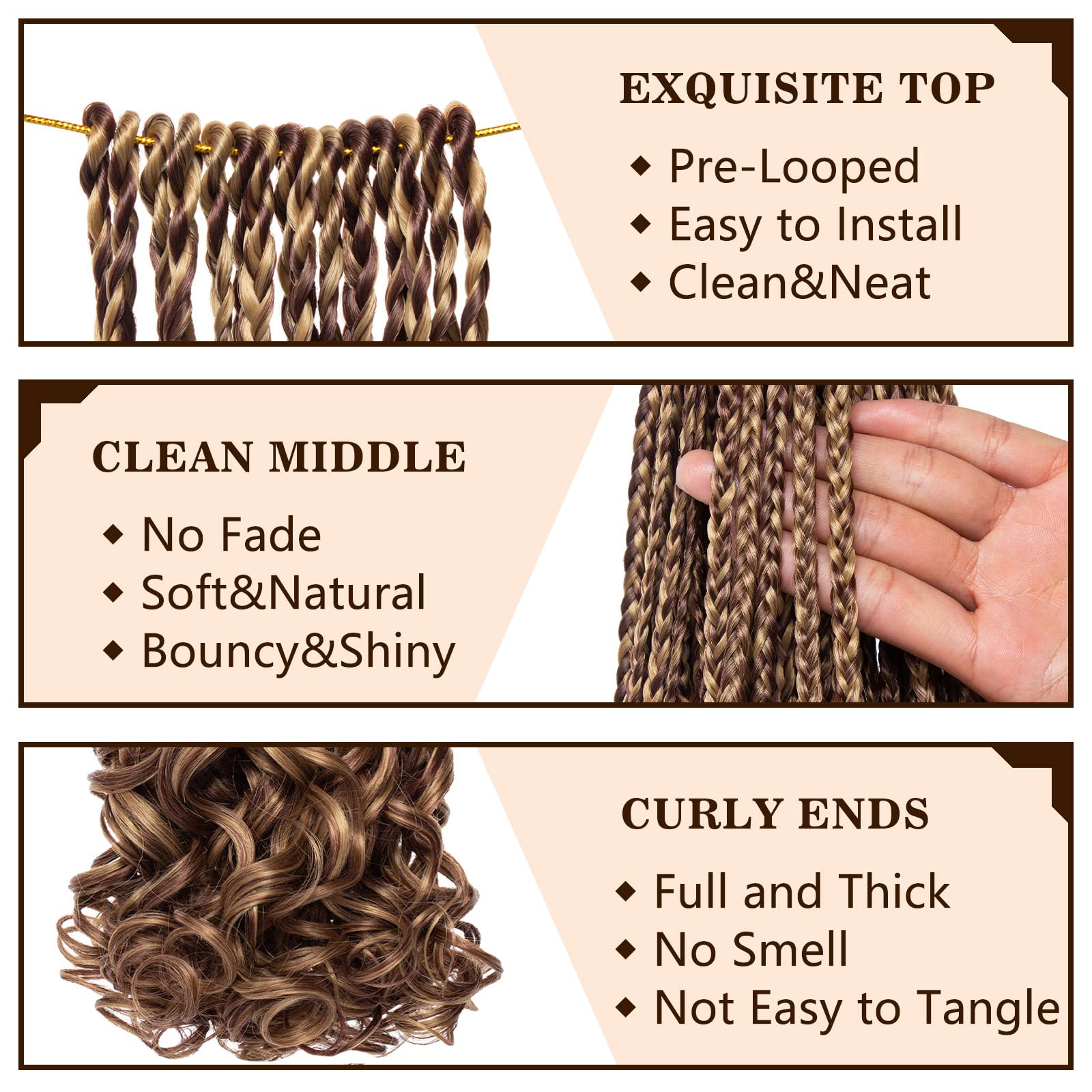 Cookoo 9 Pack 24 Inch French Curl Braids Crochet Hair Pre Looped Curly Box Braids Ombre Brown Loose Curly Synthetic Braiding Hai