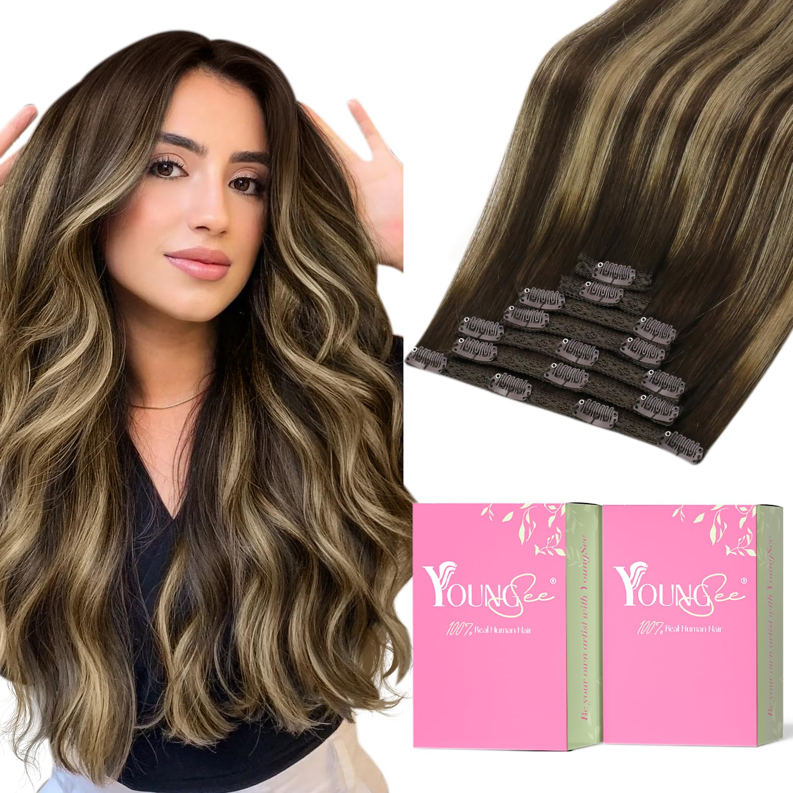 YoungSee 135g Clip in Human Hair Extensions Balayage Human Hair Clip in Extensions Balayage Chocolate Brown Mix Caramel Blonde C