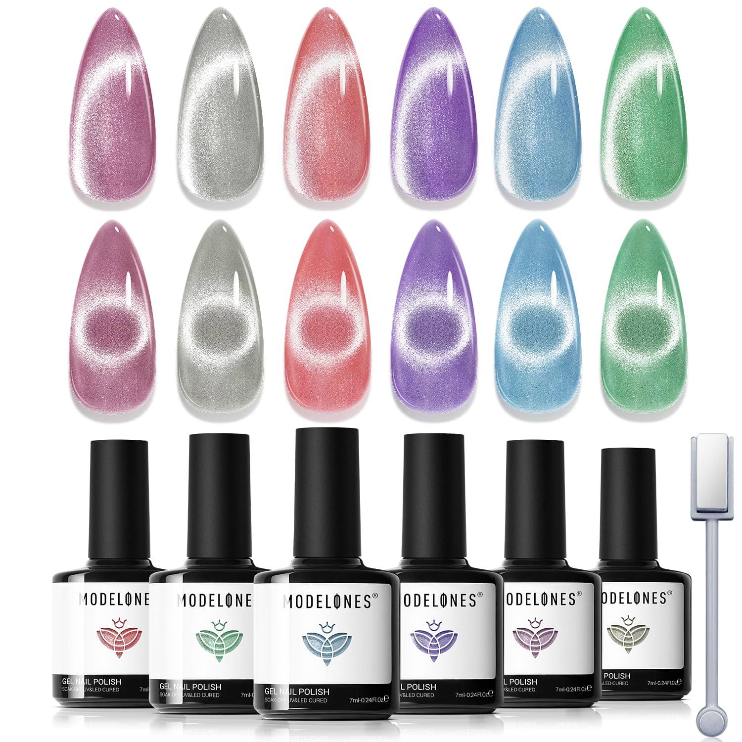 Modelones Cat Eye Gel Nail Polish Set 6 Colors Red Green Purple Blue Glitter Holographic 9D Cat Eye Gel Polish Semi-Transparent