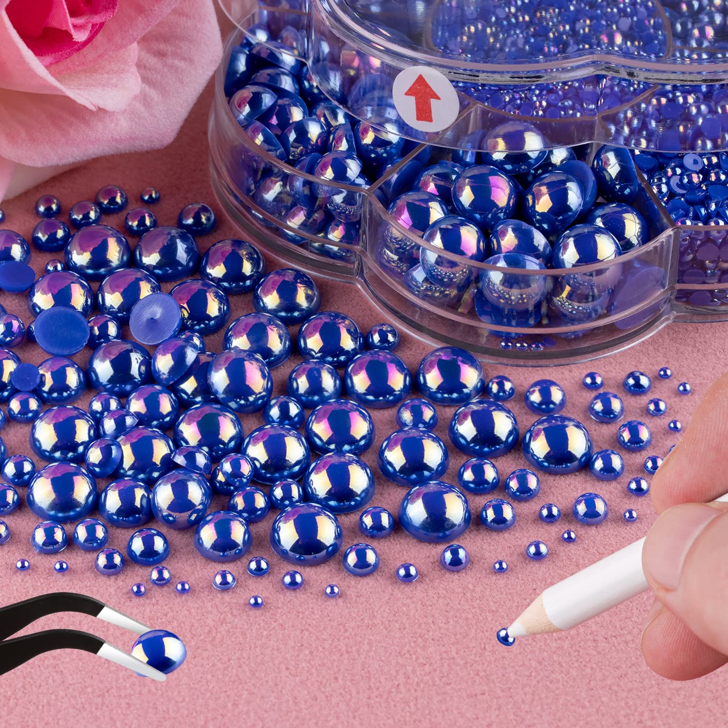 Nail Art Flat Back Half Round Pearl Kits 18, 1 Box of 5600 Pcs Flat-Back Ryoal Blue AB Pearl with Tweezer and Picker Pencil for