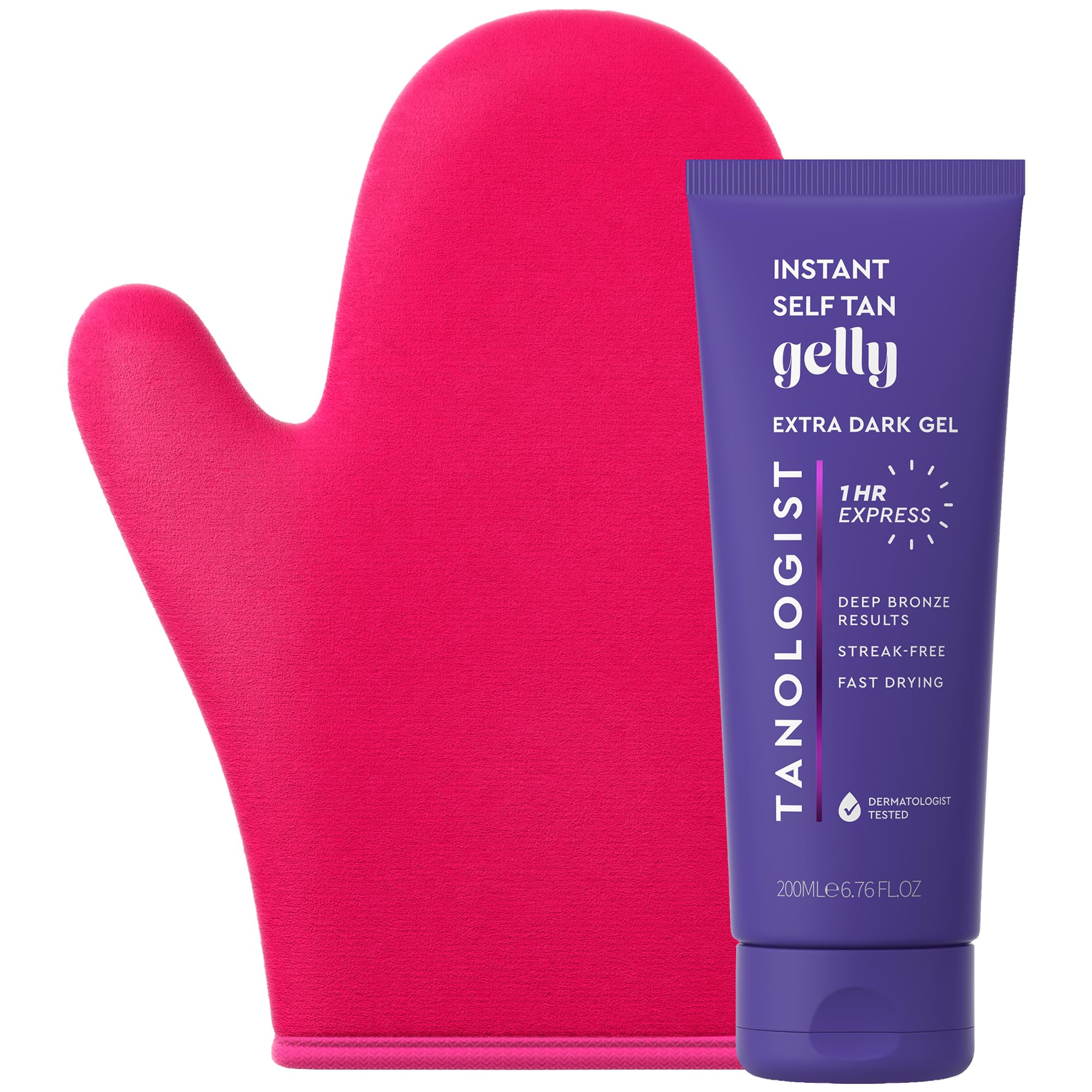 Tanologist Instant Self Tan Gelly + DoubleSided SelfTanning Mitt, 1 Hour Express, Extra Dark, StreakFree Bronze Glow