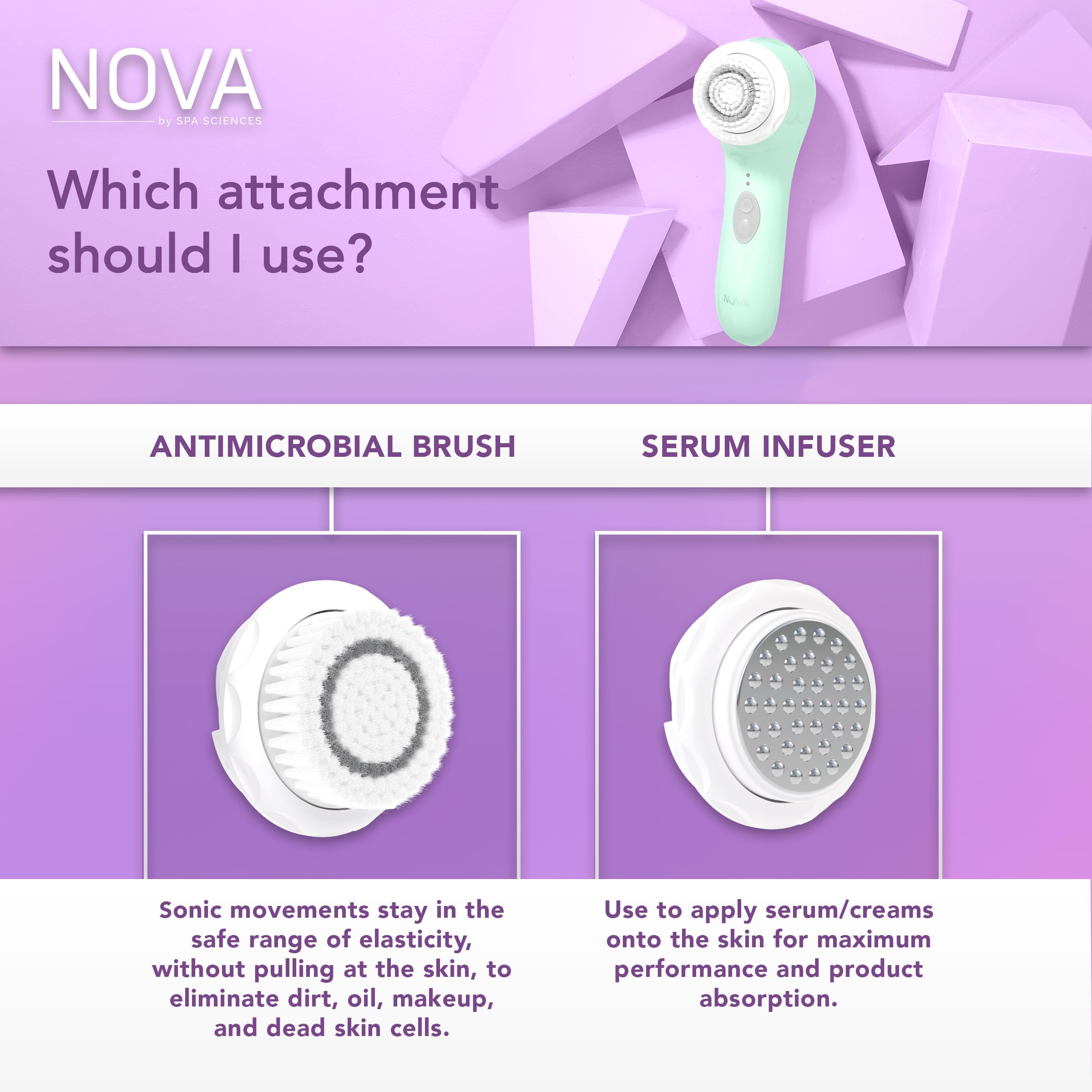 Spa Sciences - Nova - Sonic Cleansing Brush With Bristles & Infusion System - Anti-Aging Facial Exfoliating, Waterproof, And Usb