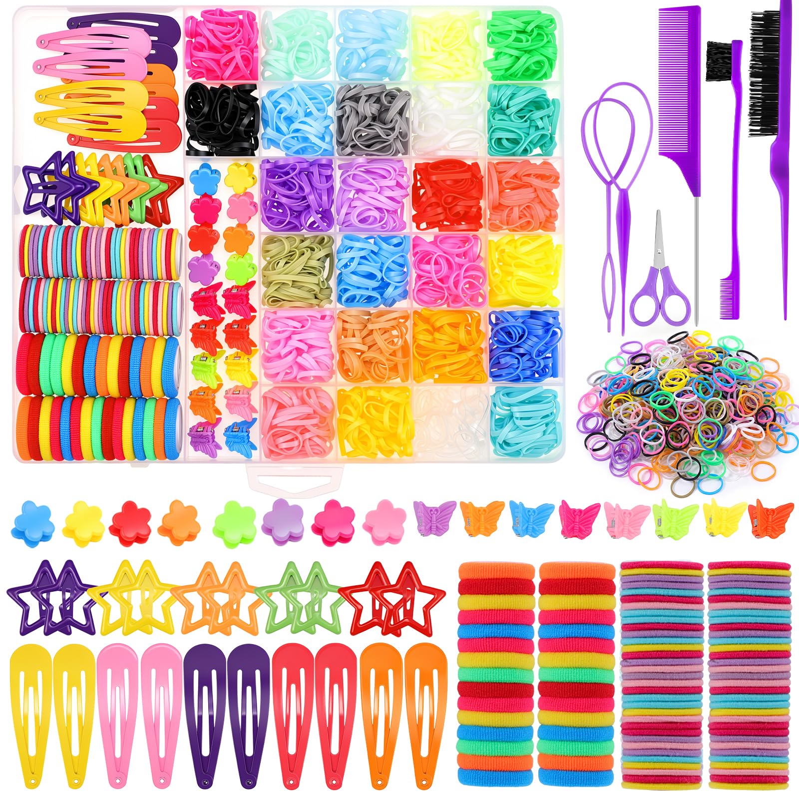 2065 Pcs Hair Ties Set with Tools & Clips, Colorful Elastics for Girls
