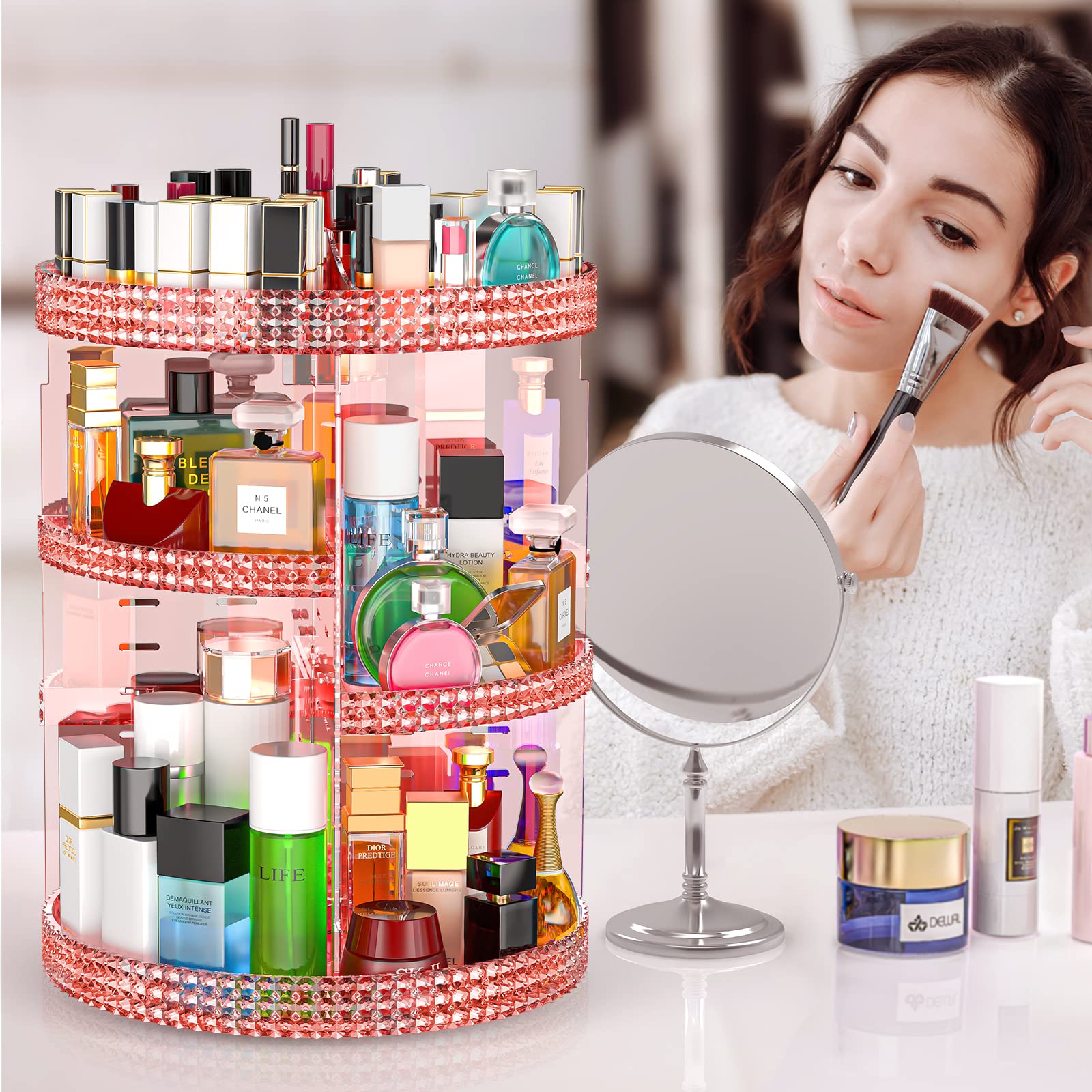 Pink 360 Makeup Organizer Carousel, Makeup Organizer For Vanity, Acrylic Make Up Organizer, Large 7 Layers 360 Makeup Organizer,