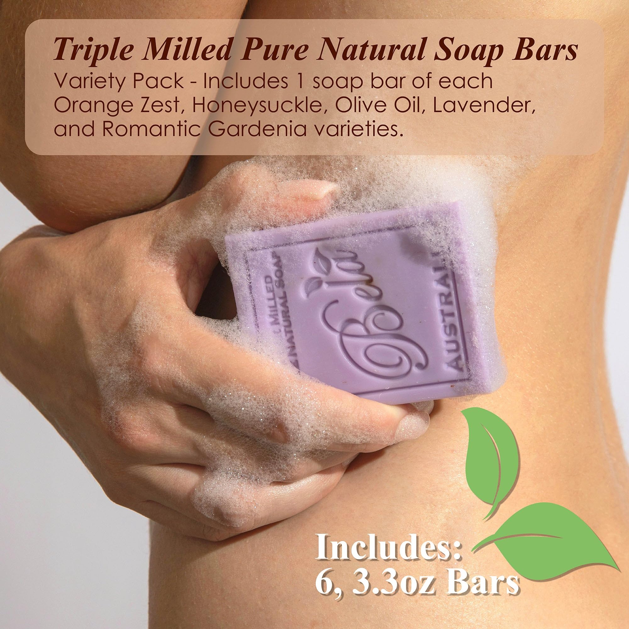 Bela Soap Variety Pack 3.3 Oz, Pack Of 6, Long Lasting, French Triple Milled Bar Soap With Organic Shea Butter, Hand, Face And B