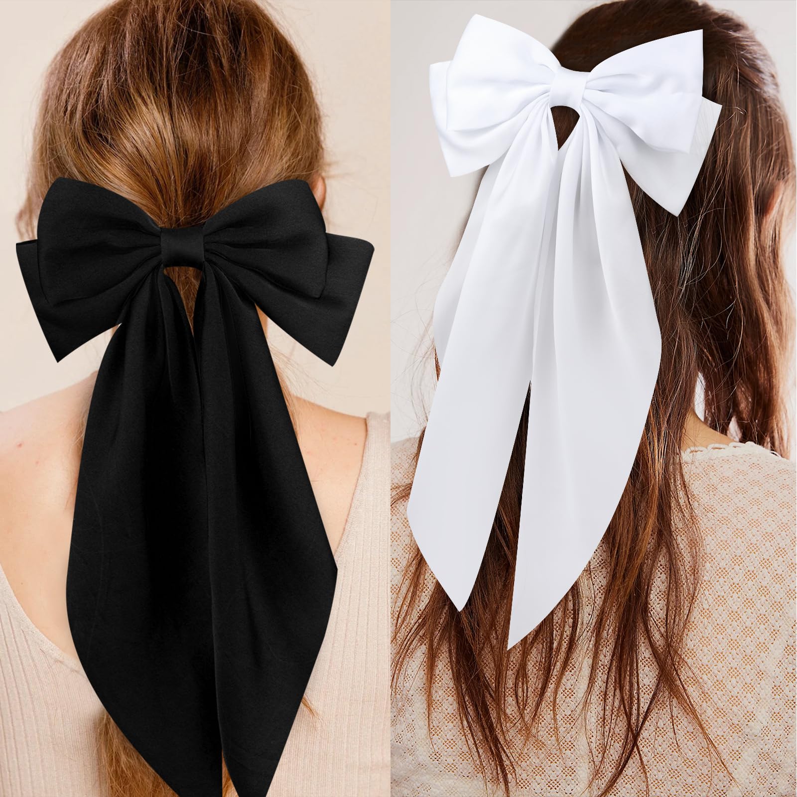 Wecoe 4Pcs Women'S Hair Accessories Set: Brown, Coffee, Black, White Satin Large Bows With Long Tail - Cute Barrettes, Clips For