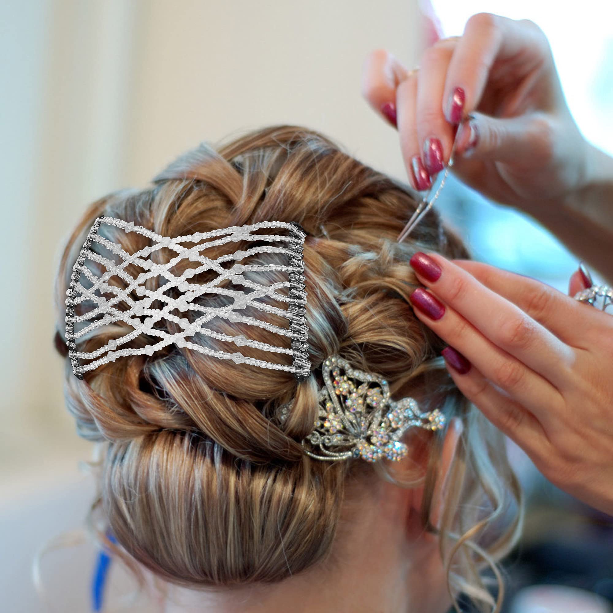 Ccbeauty 6 Pcs Magic Hair Comb Elastic Beaded Hair Clips Women Decorative Accessories,Bride Double Slides Stretching Hairpins Co