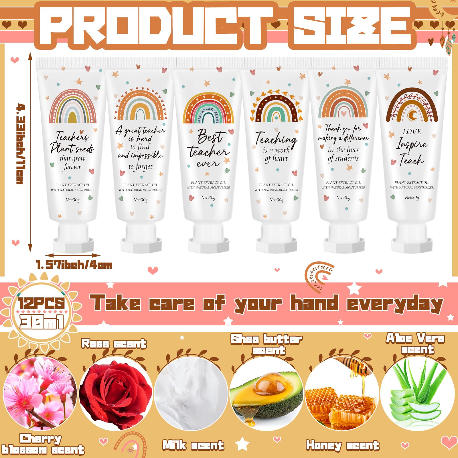 Dansib 12 Pcs Teacher Appreciation Hand Cream Gifts Boho Rainbow 2025 Back to School Thank You Teacher Gifts for Women Travel Si
